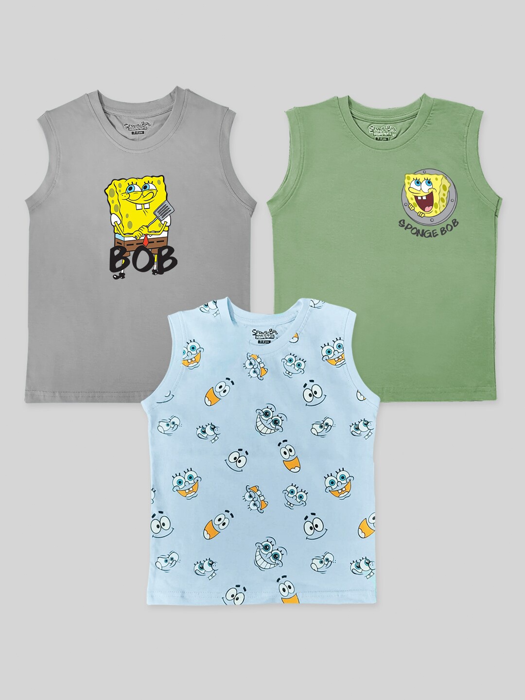 

Minute Mirth Boys Pack Of 3 Spongebob Printed Sleeveless Pure Cotton T-shirts, Green
