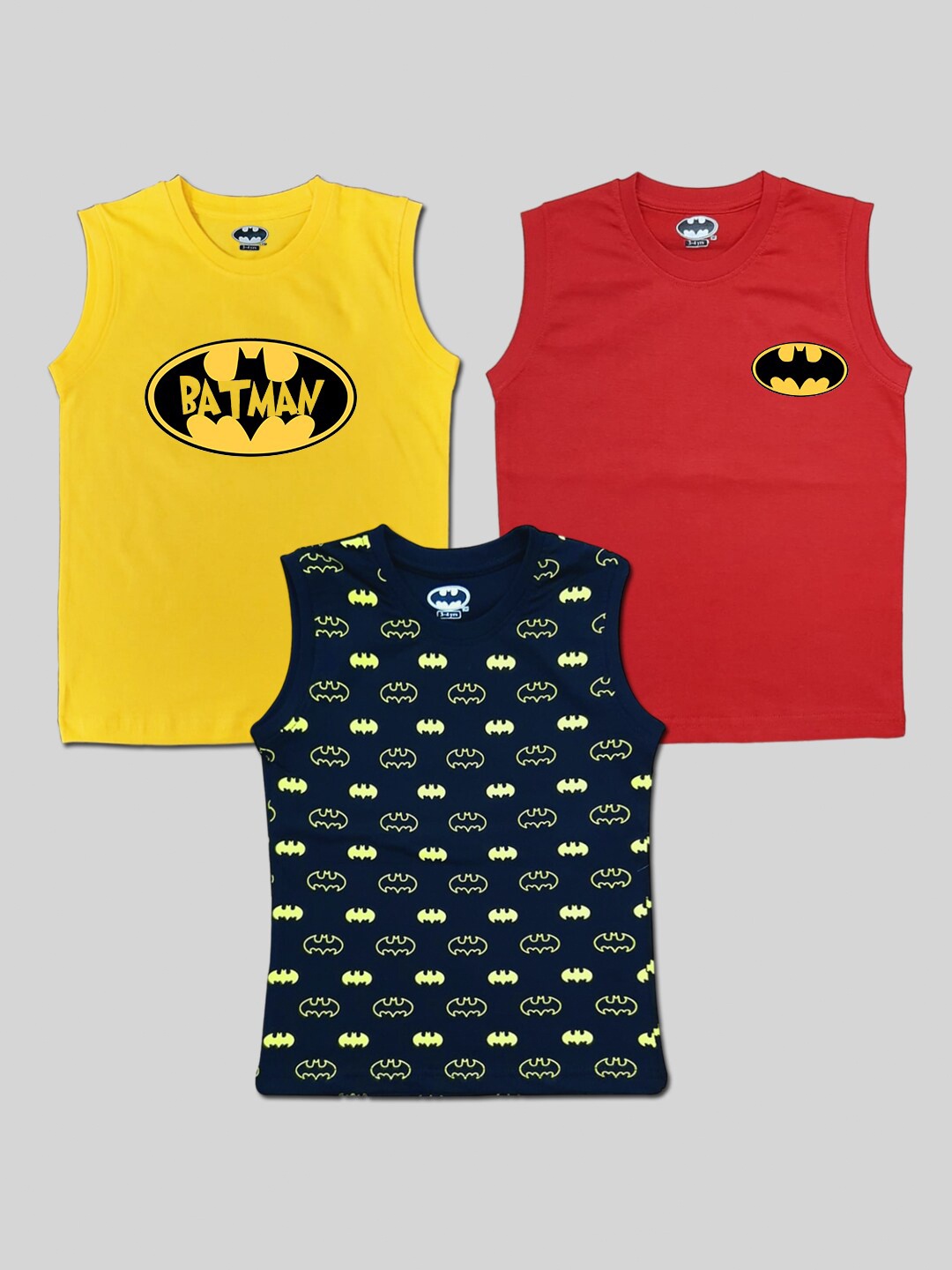 

Minute Mirth Boys Pack Of 3 Batman Printed Sleeveless Pure Cotton T-shirts, Yellow