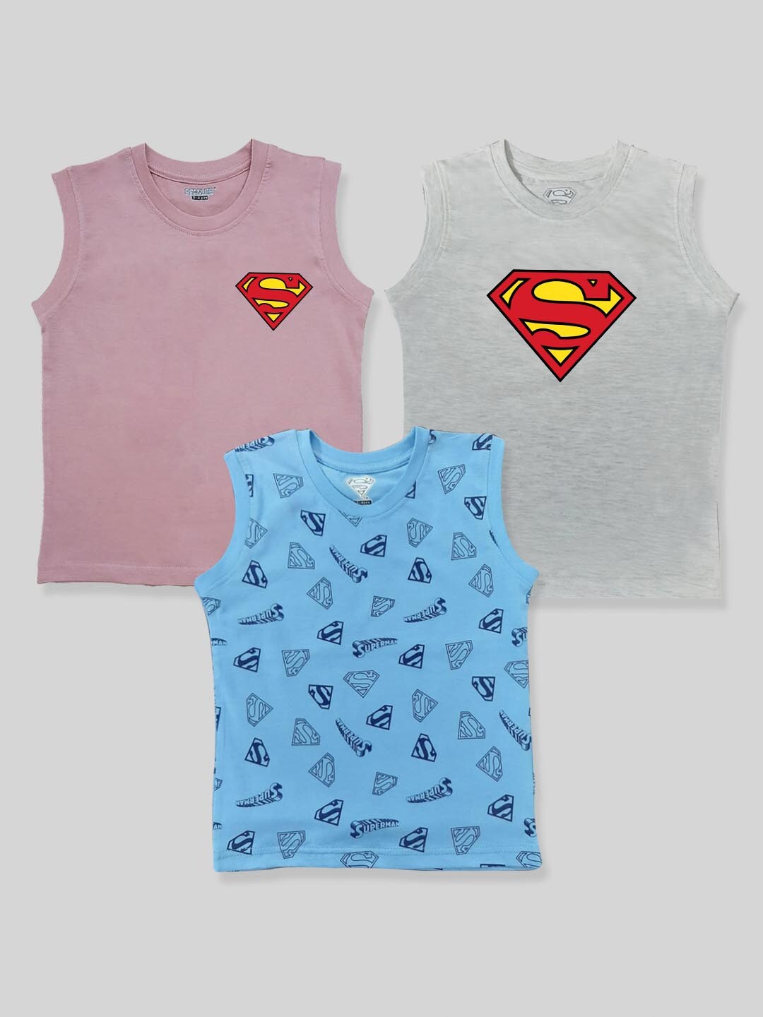 

Minute Mirth Boys Pack Of 3 Superman Printed Sleeveless Pure Cotton T-shirts, Pink