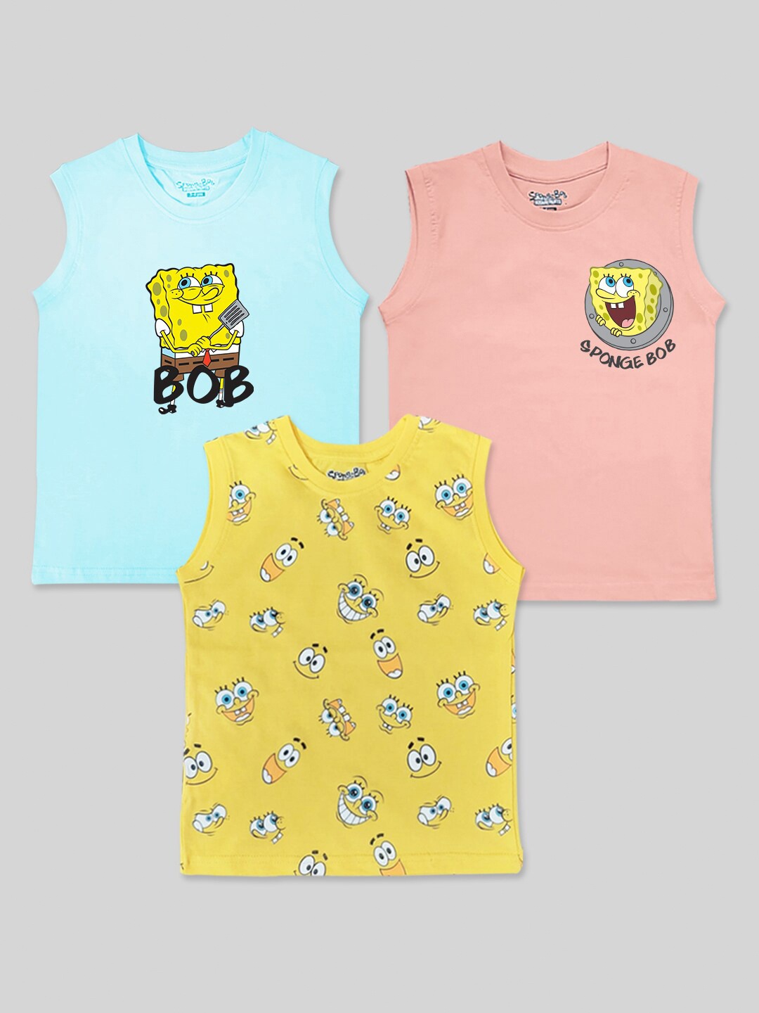 

Minute Mirth Boys Pack Of 3 Spongebob Printed Sleeveless Pure Cotton T-shirts, Blue
