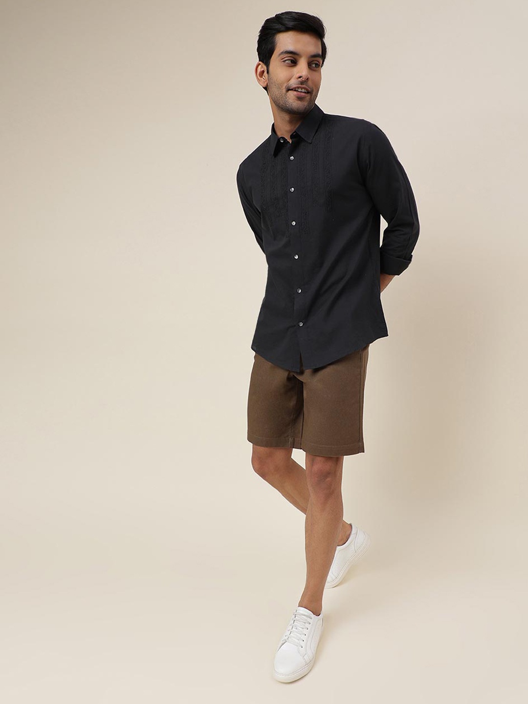

Fabindia Ethnic Motif Embroidered Slim Fit Cotton Casual Shirt, Black