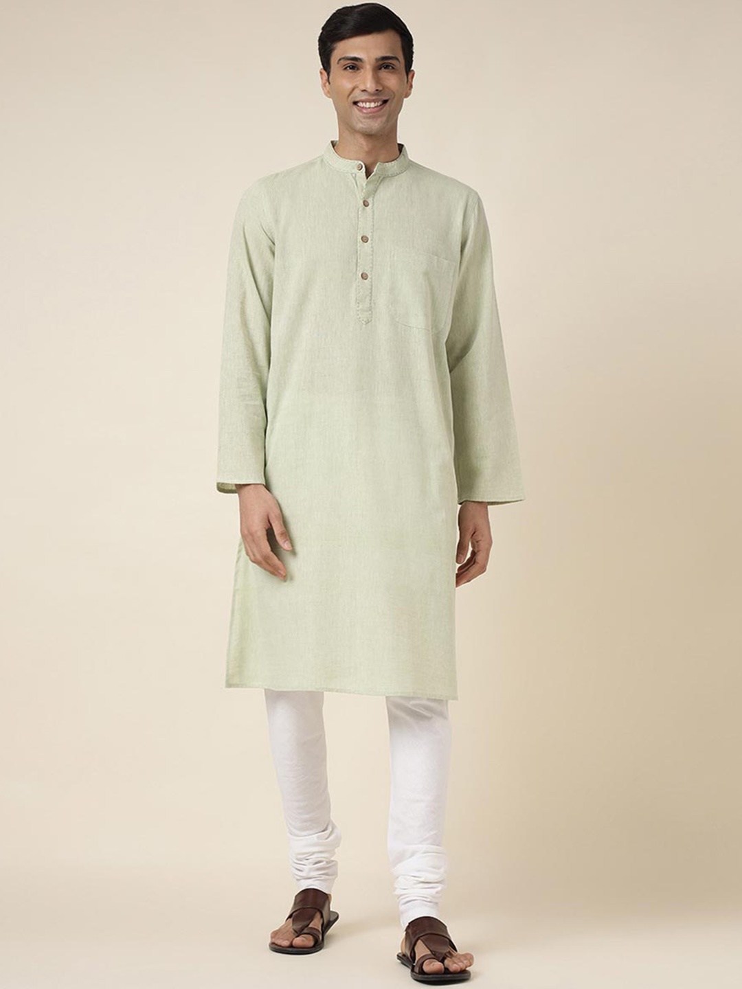 

Fabindia Ethnic Mandarin Collar Cotton Long Kurta, Green