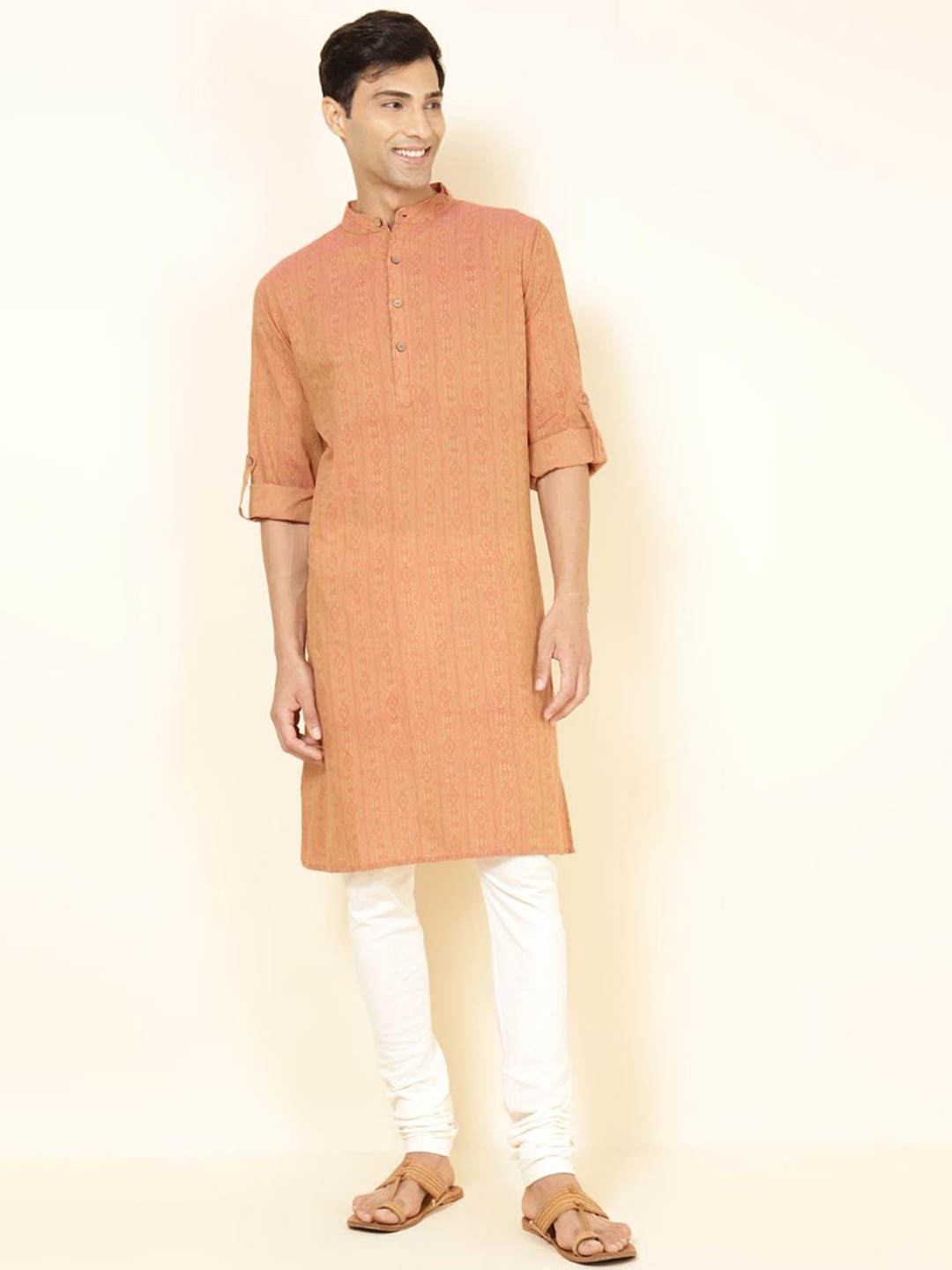 

Fabindia Band Collar Long Sleeves Roll-Up Sleeves Cotton Straight Kurta, Orange