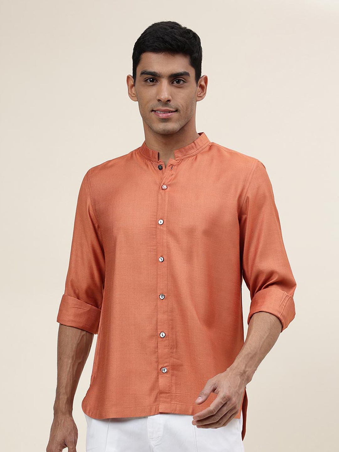 

Fabindia Mandarin Colllar Slim Fit Casual Shirt, Orange