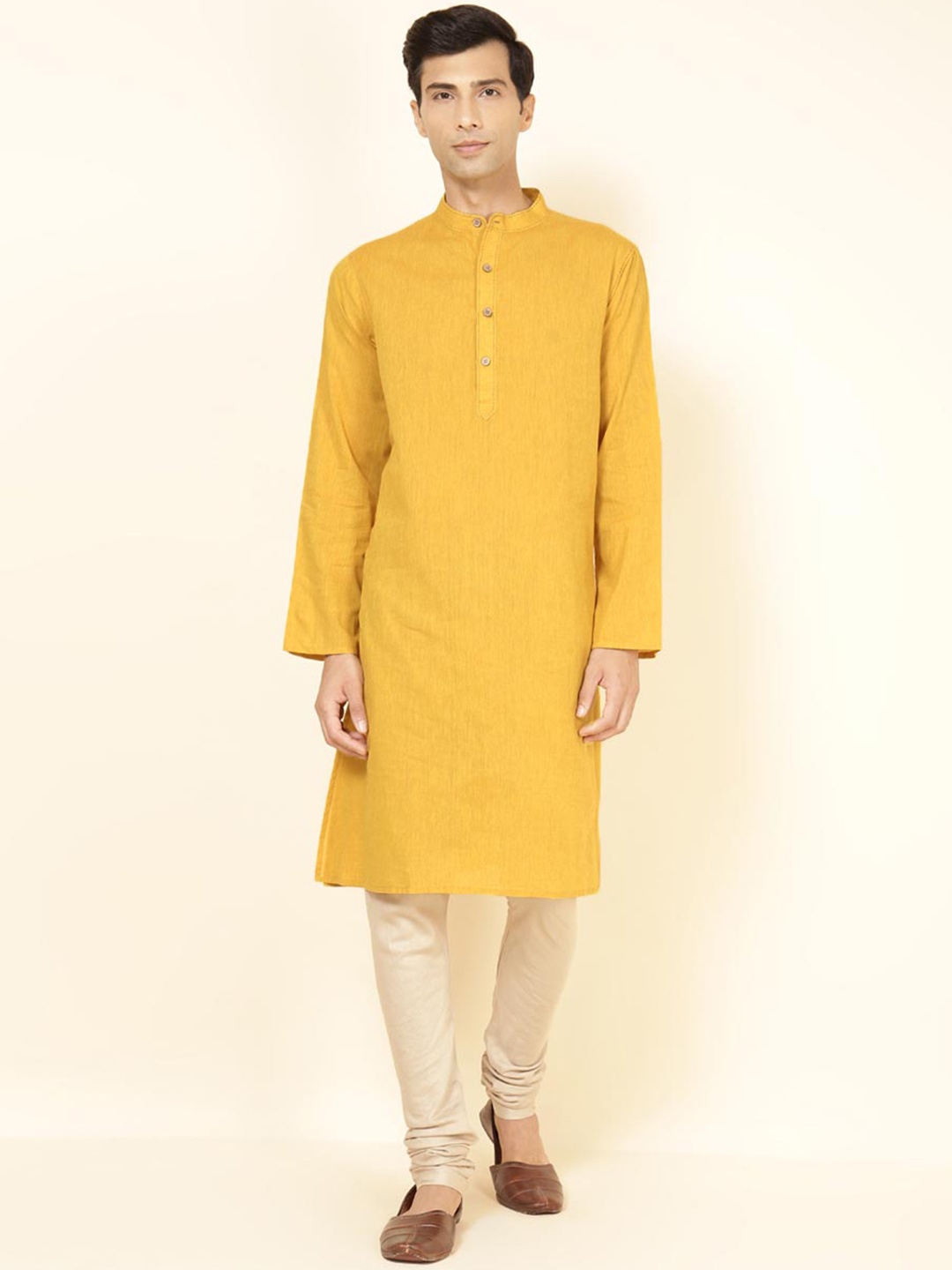 

Fabindia Band Collar Long Sleeves Cotton Straight Kurta, Yellow