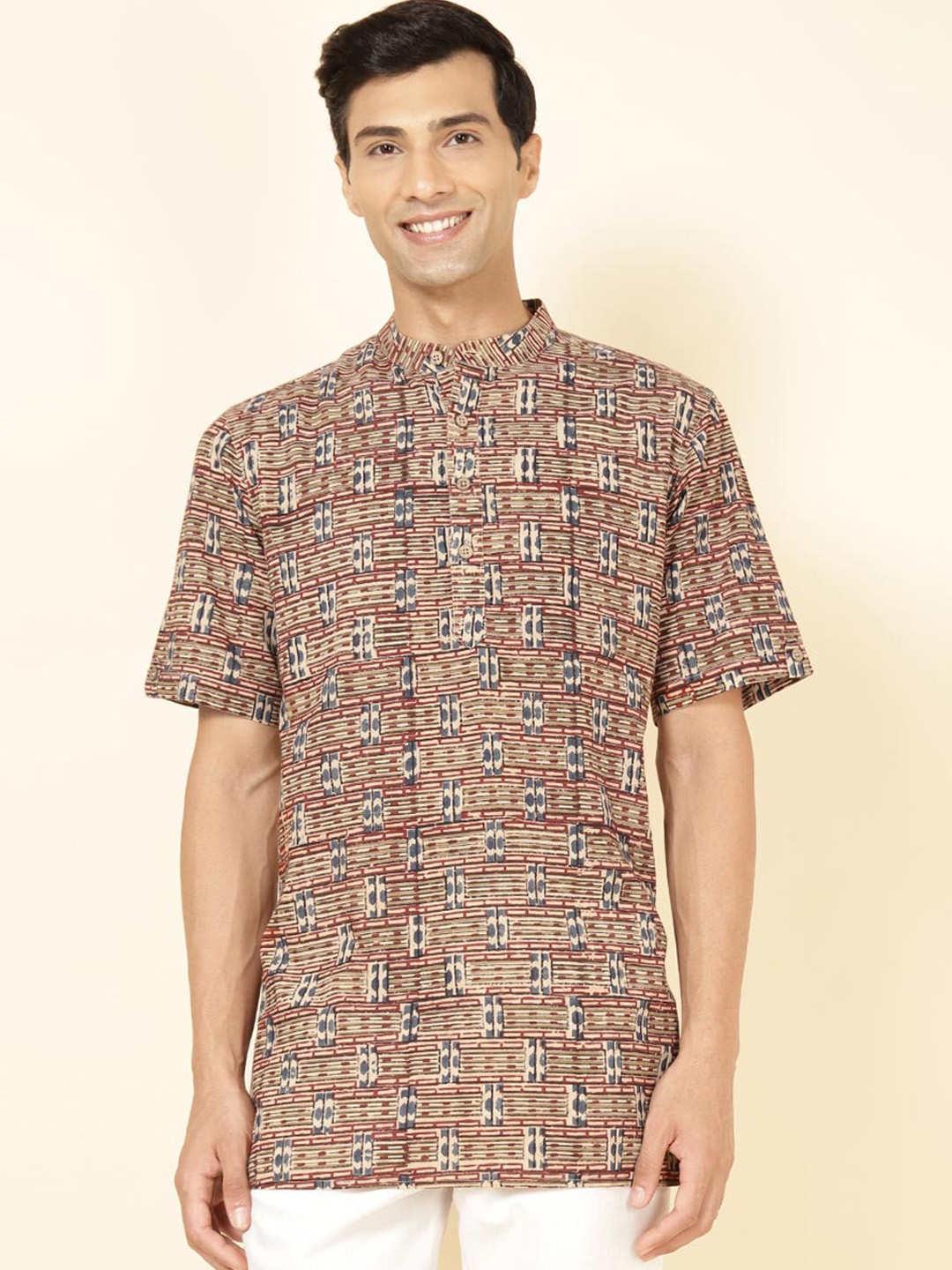 Fabindia Band Collar Short Sleeves Cotton Straight Short Kurta, Multi
