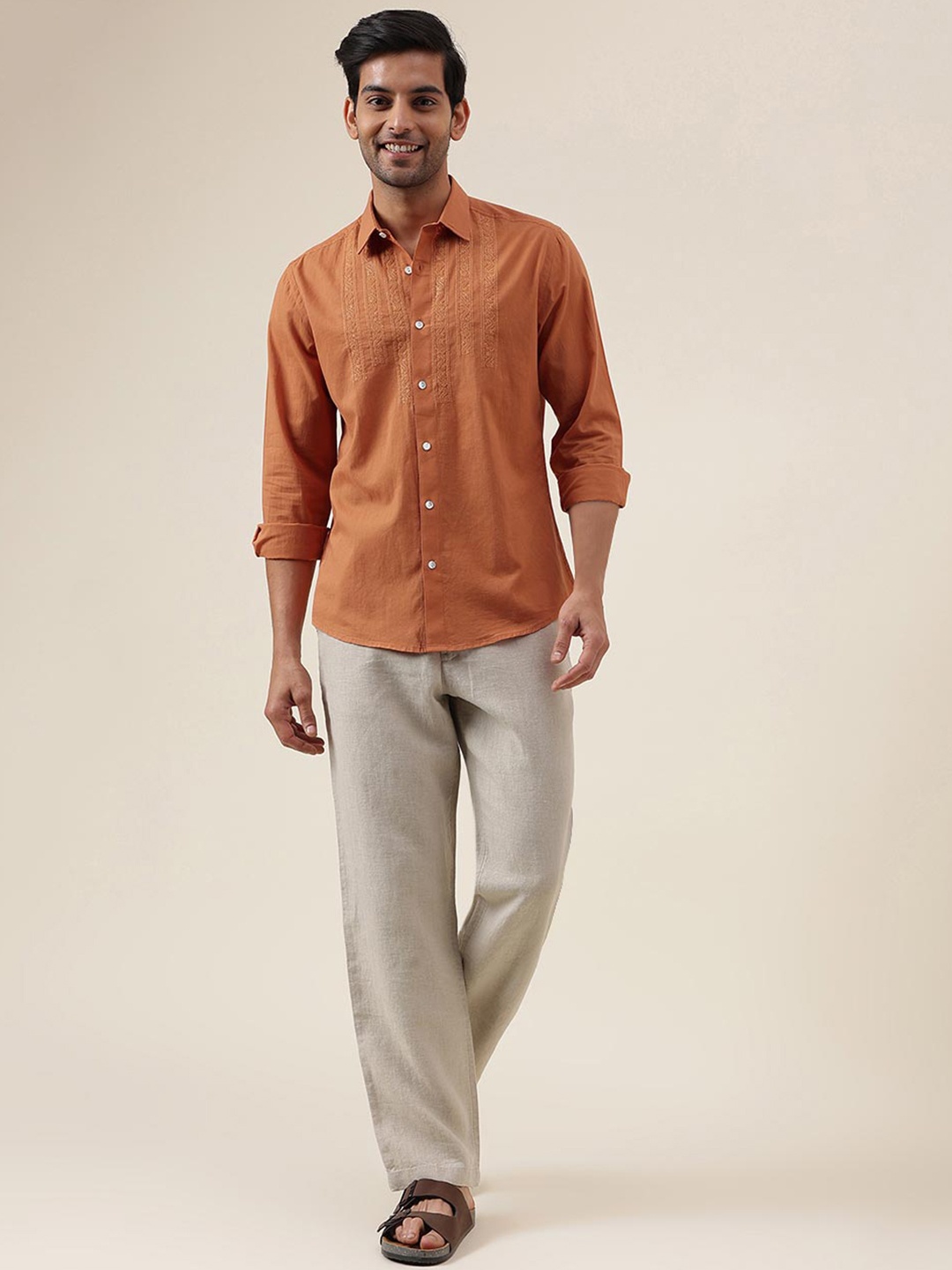 

Fabindia Slim Fit Spread Collar Embroidered Cotton Casual Shirt, Rust