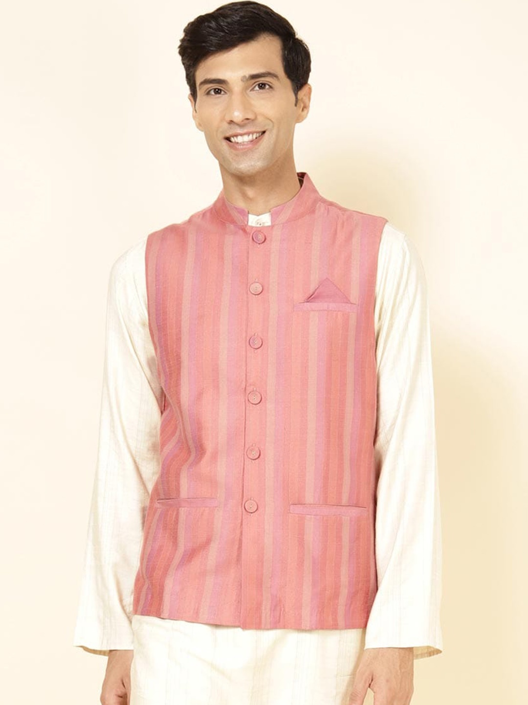 

Fabindia Striped Mandarin Collar Nehru Jacket, Pink