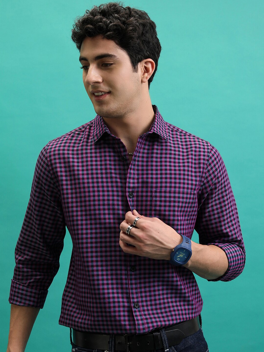 

HIGHLANDER Checked Slim Fit Shirt, Navy blue