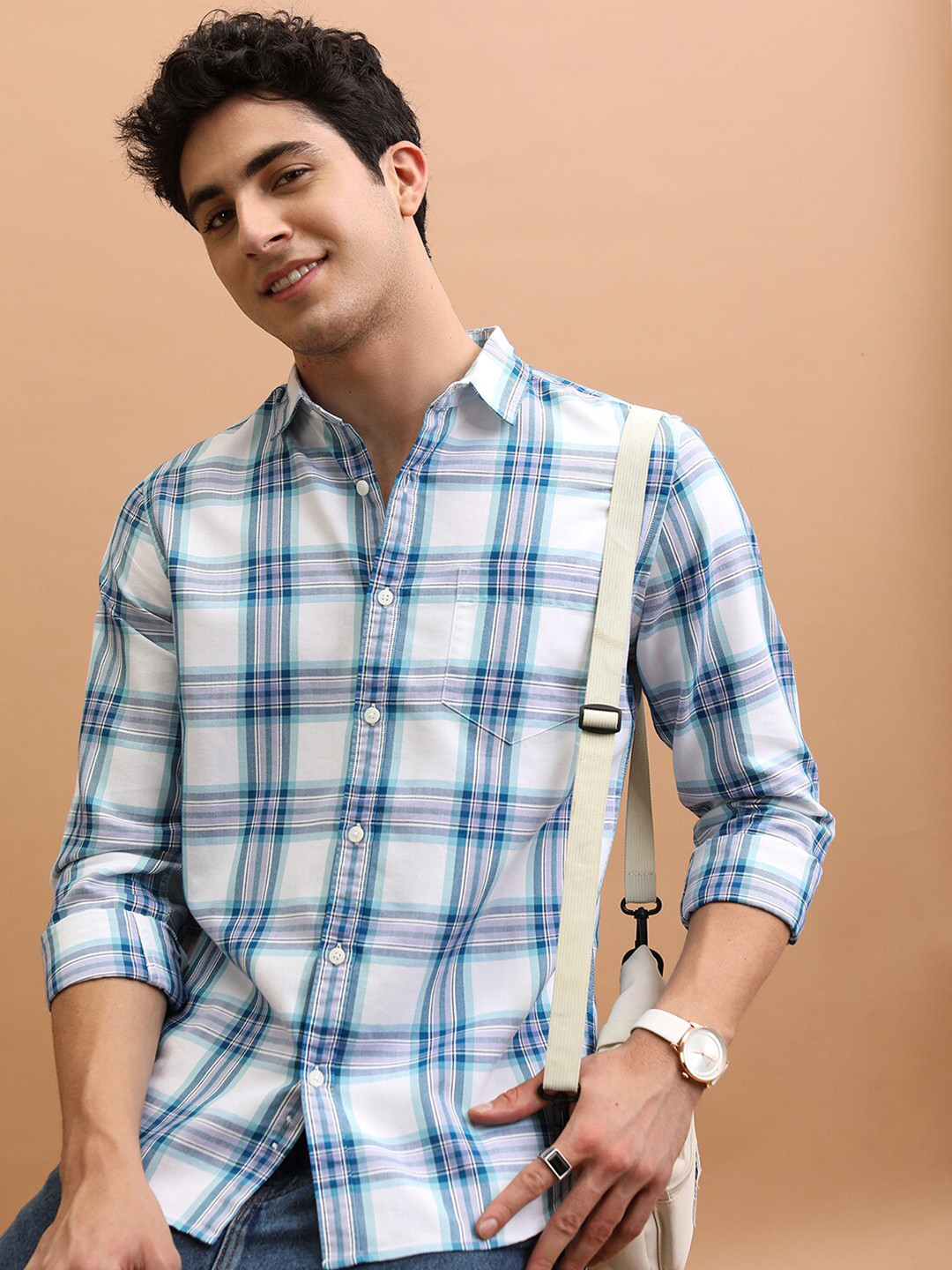 

Highlander Men Spread Collar Tartan Checks Shirt, White