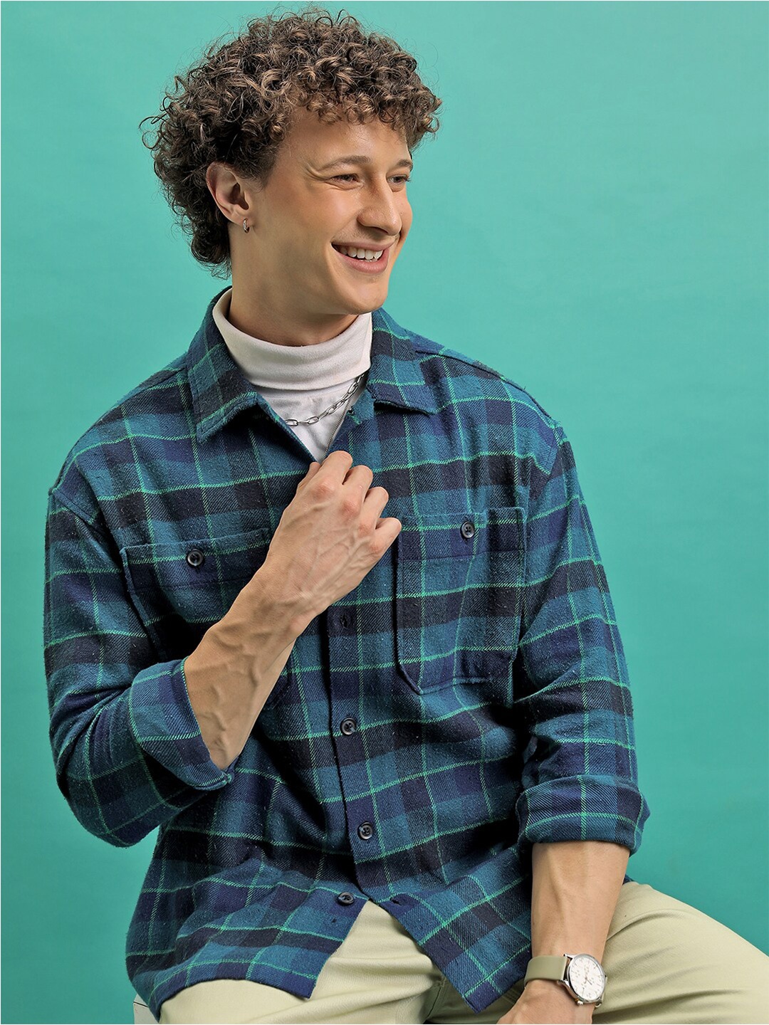 

Highlander Men Oversized Utility Pocket Flannel Overshirt, Teal