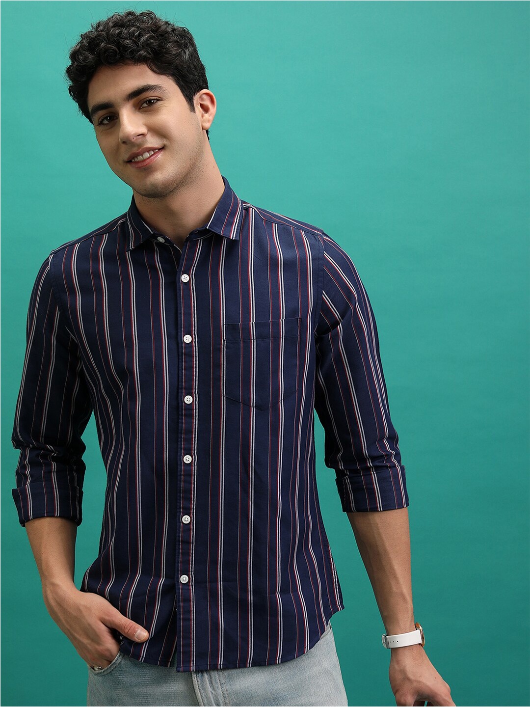 

Highlander Men Reg Collar Full Sleeve Striped Shirt, Navy blue