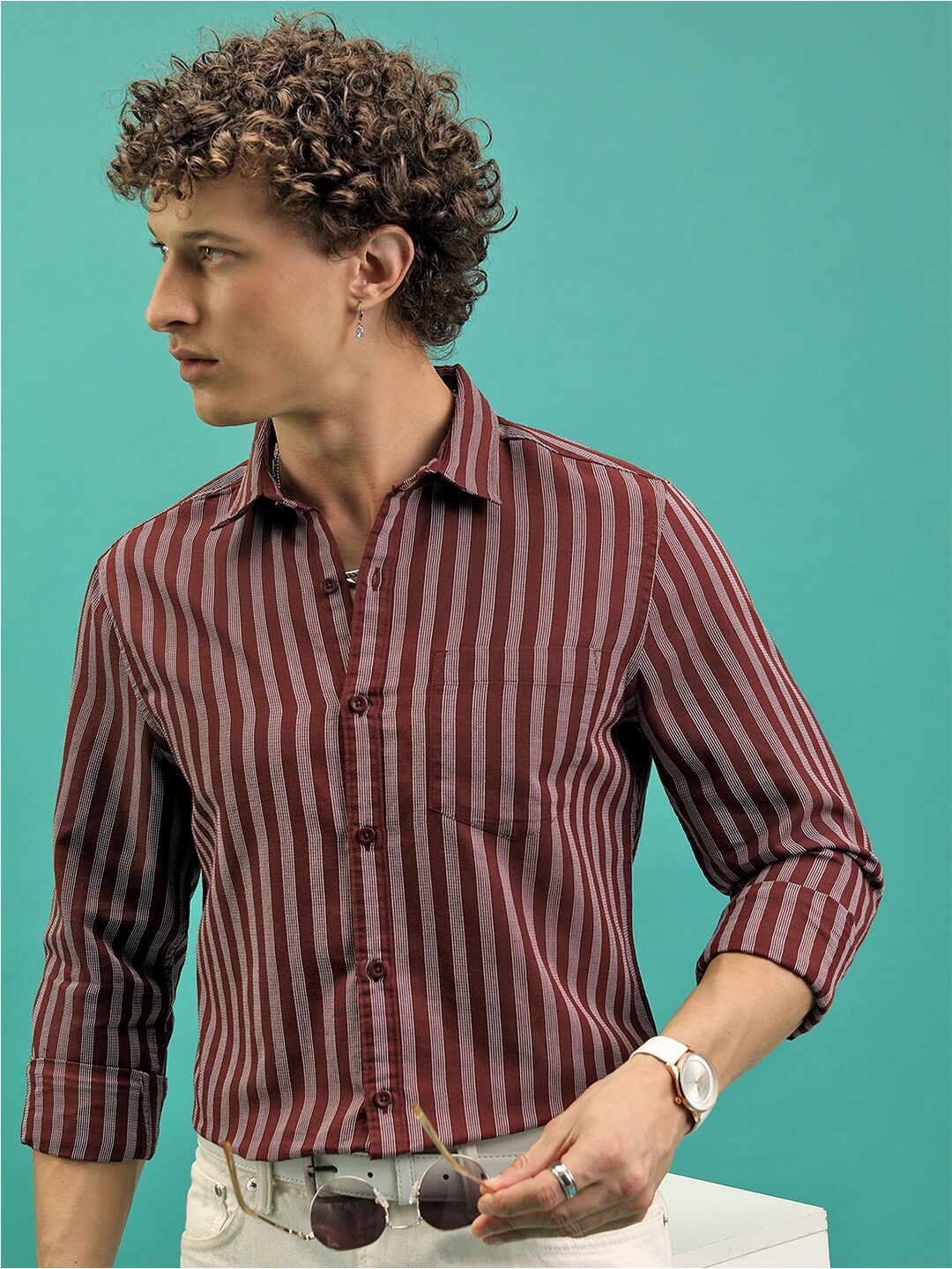 

Highlander Men Reg Collar Full Sleeve Striped Shirt, Maroon