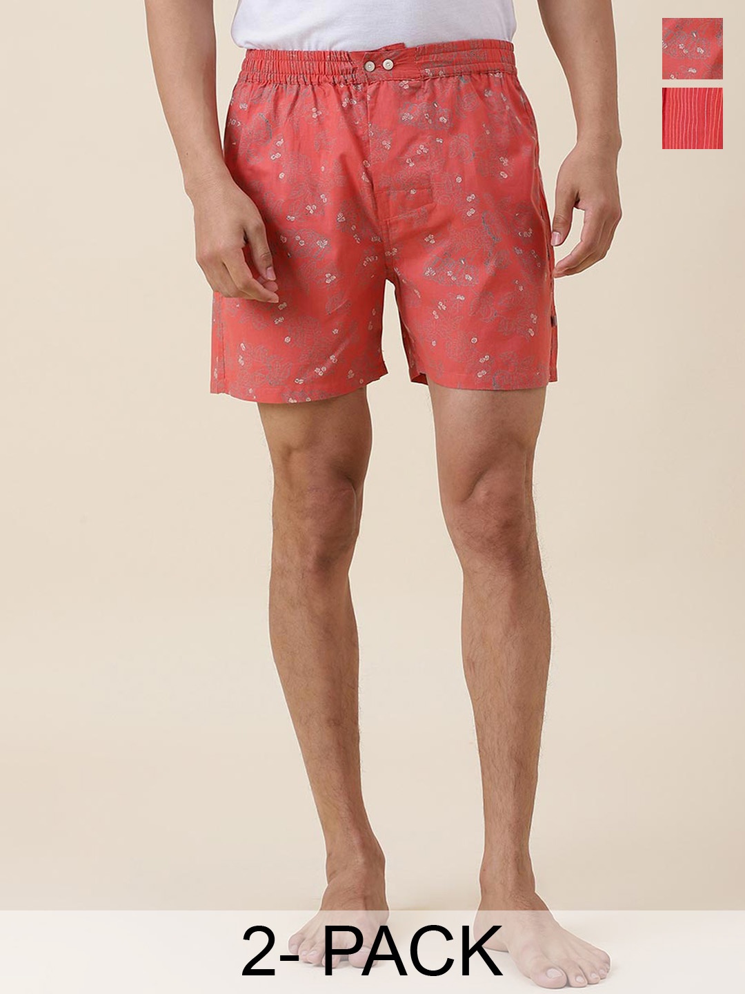 

Fabindia Men Pack Of 2 Floral Printed Cotton Lounge Shorts, Red