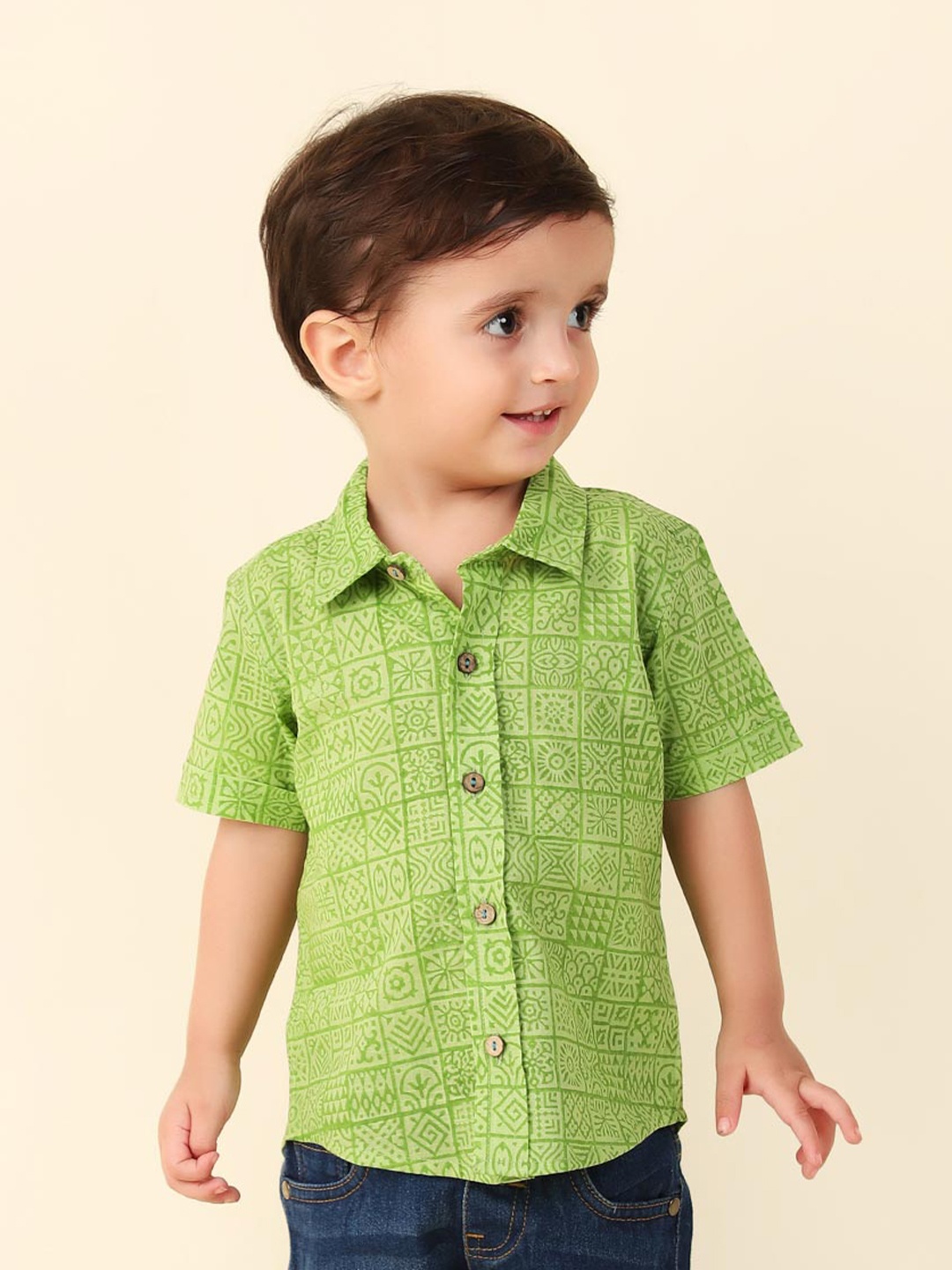 

Fabindia Infant Boys Geometric Printed Cotton Casual Shirt, Green
