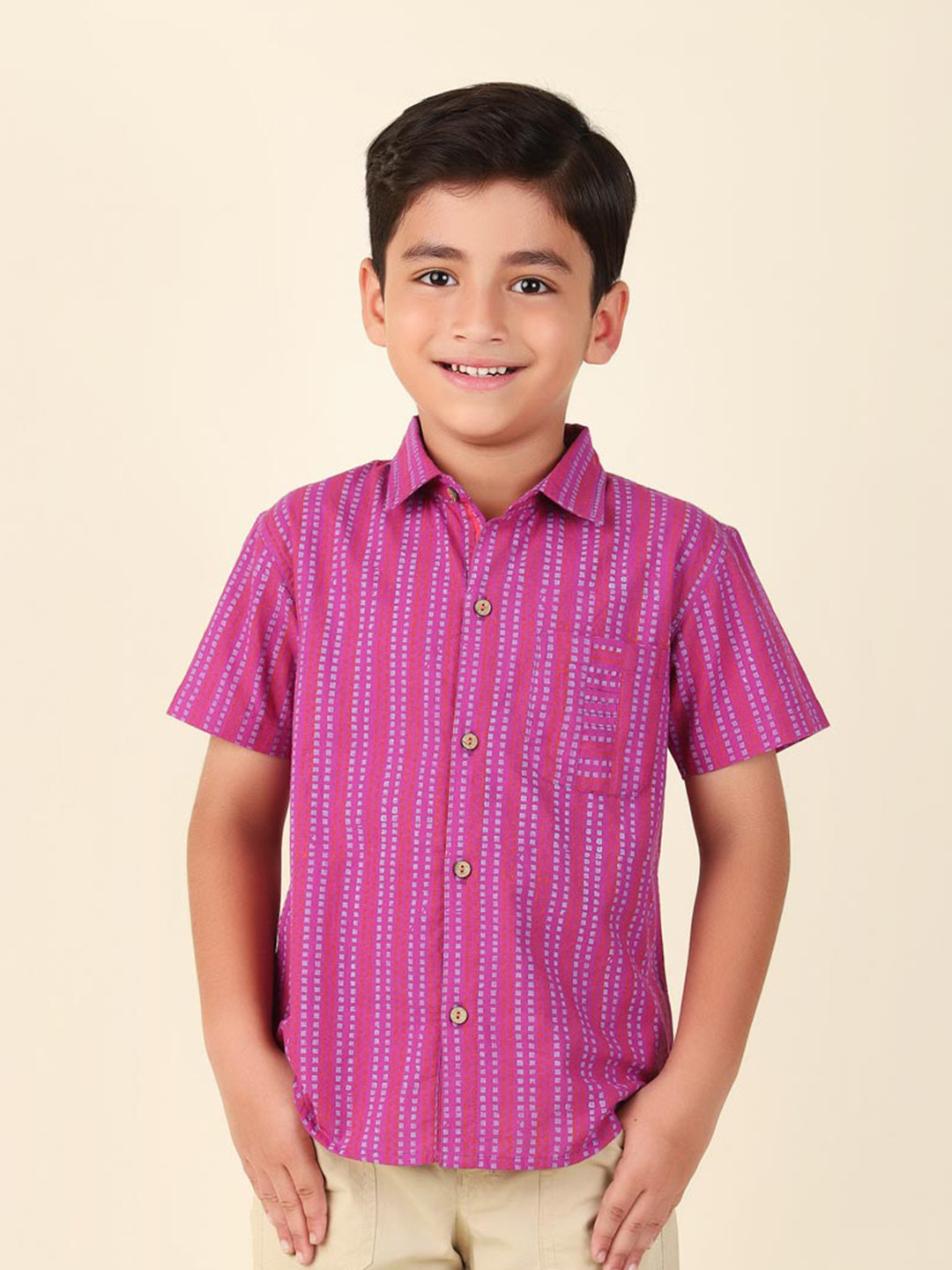 

Fabindia Boys Geometric Printed Spread Collar Cotton Casual Shirt, Purple