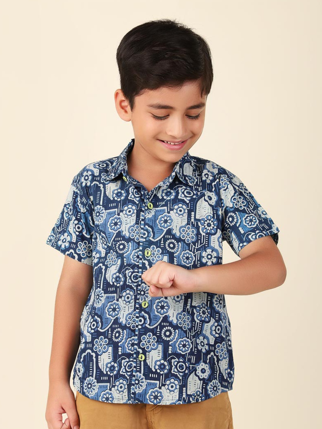 

Fabindia Boys Ethnic Motifs Printed Cotton Casual Shirt, Navy blue