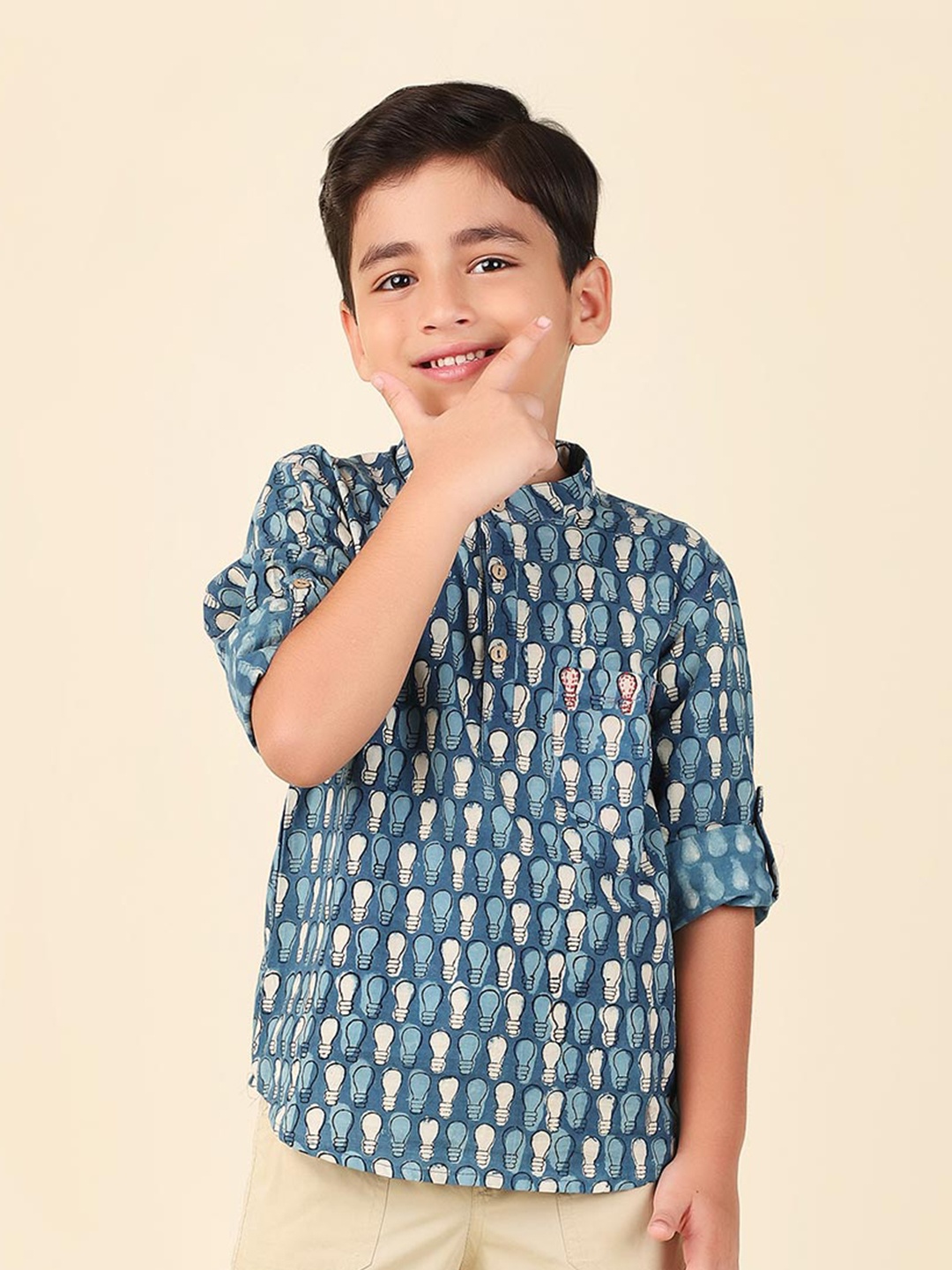 

Fabindia Boys Ethnic Motifs Printed Band Collar Cotton Casual Shirt, Navy blue