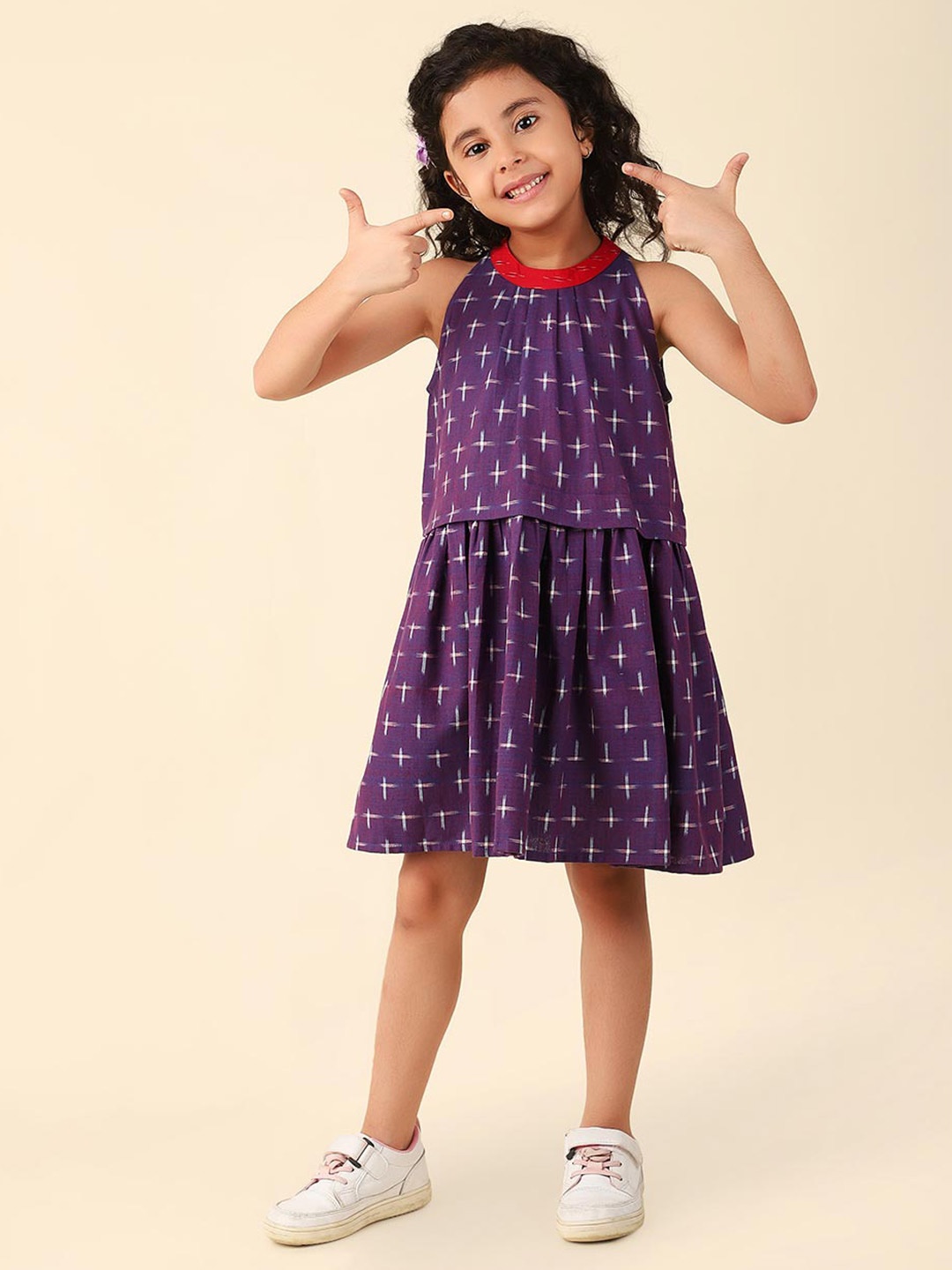 

Fabindia Girls Abstract Printed A-Line Halter Neck Colourblocked Dress, Purple