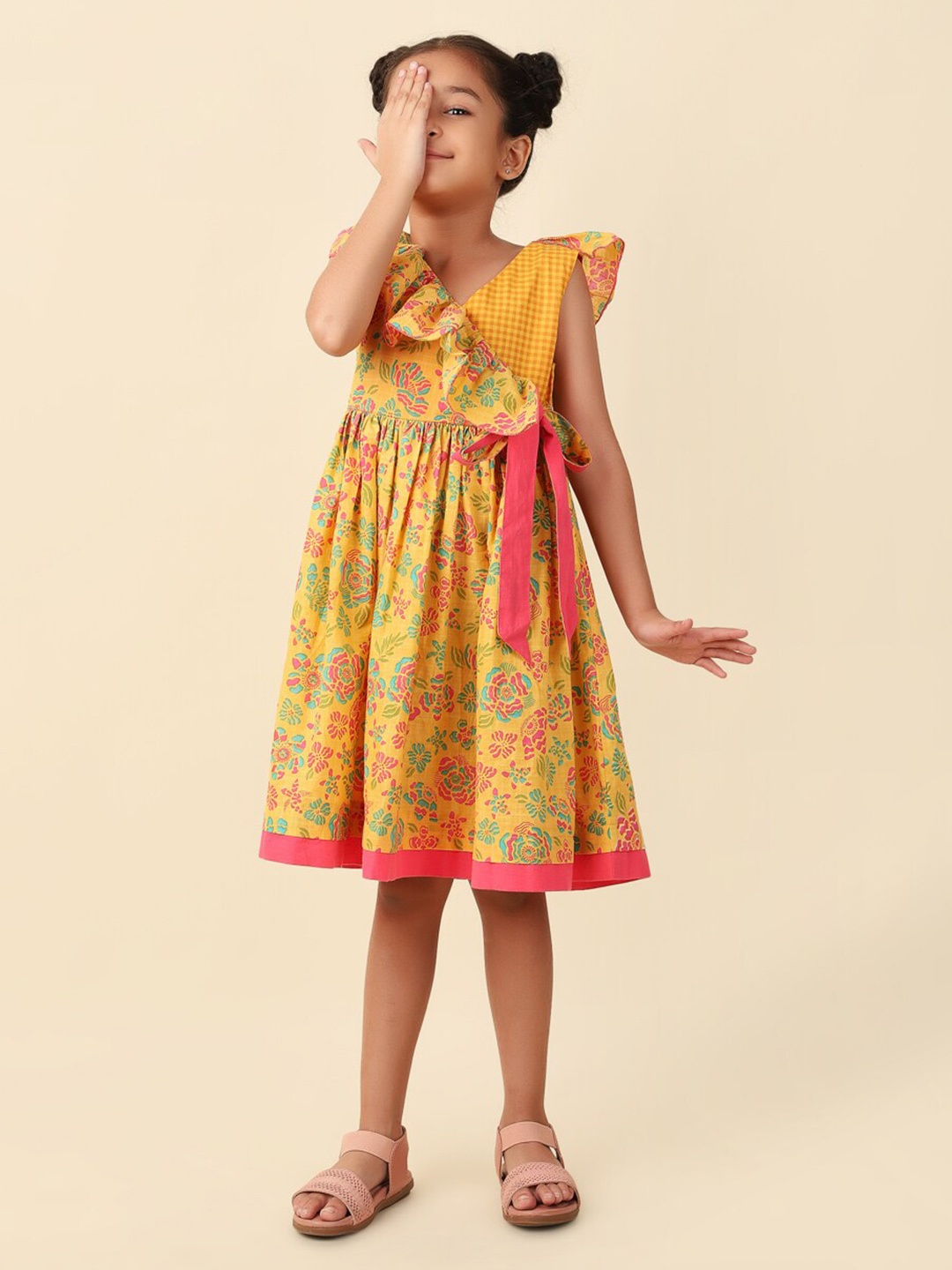 

Fabindia Girls Ethnic Motifs Printed Cotton Ruffled Dress, Yellow