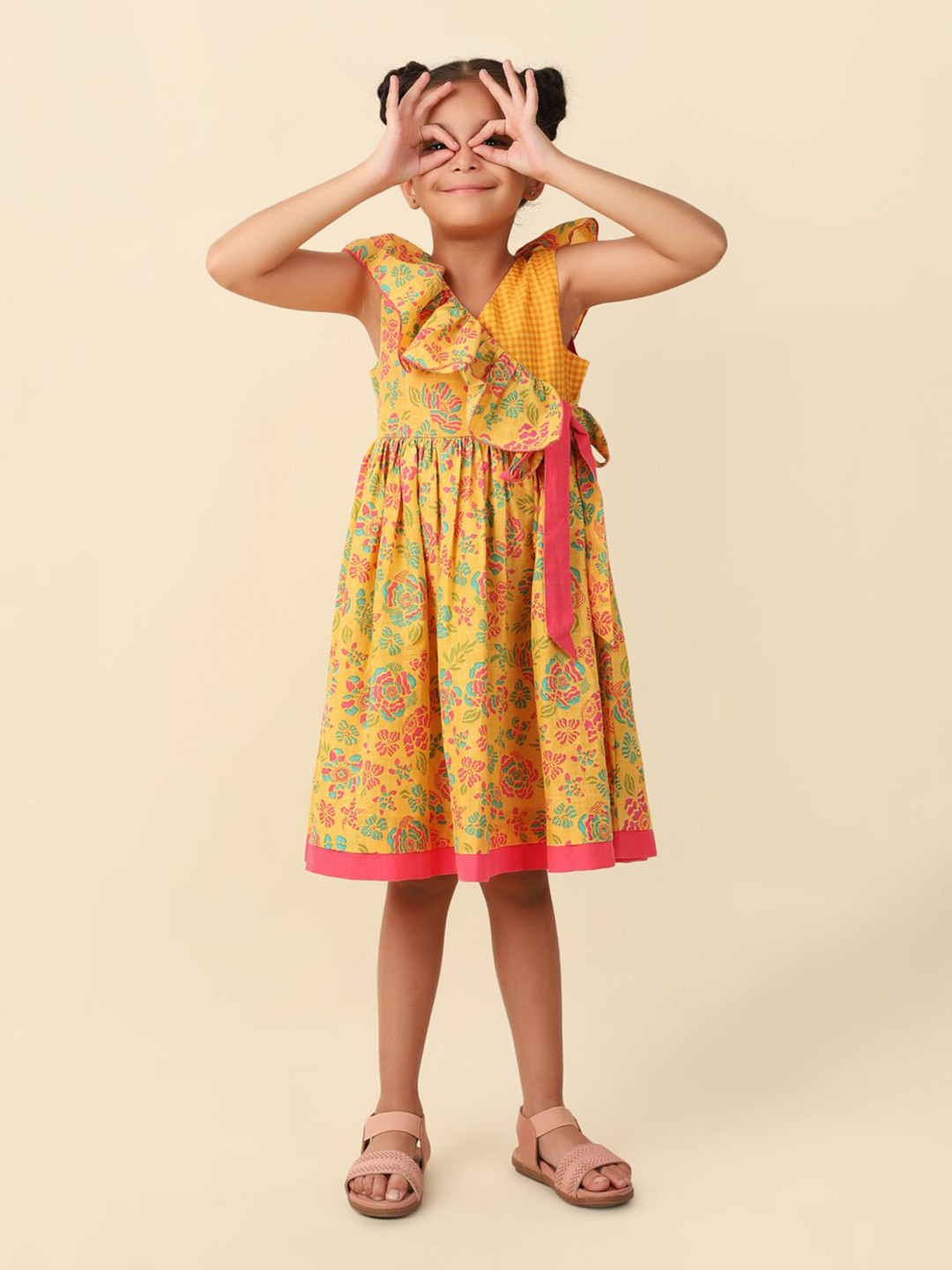 

Fabindia Girls Floral Print Ruffles Cotton Wrap Dress, Yellow