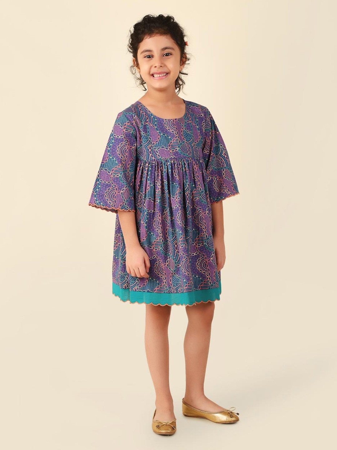 

Fabindia Girls Floral Printed Flared Sleeve Cotton A-Line Dress, Blue
