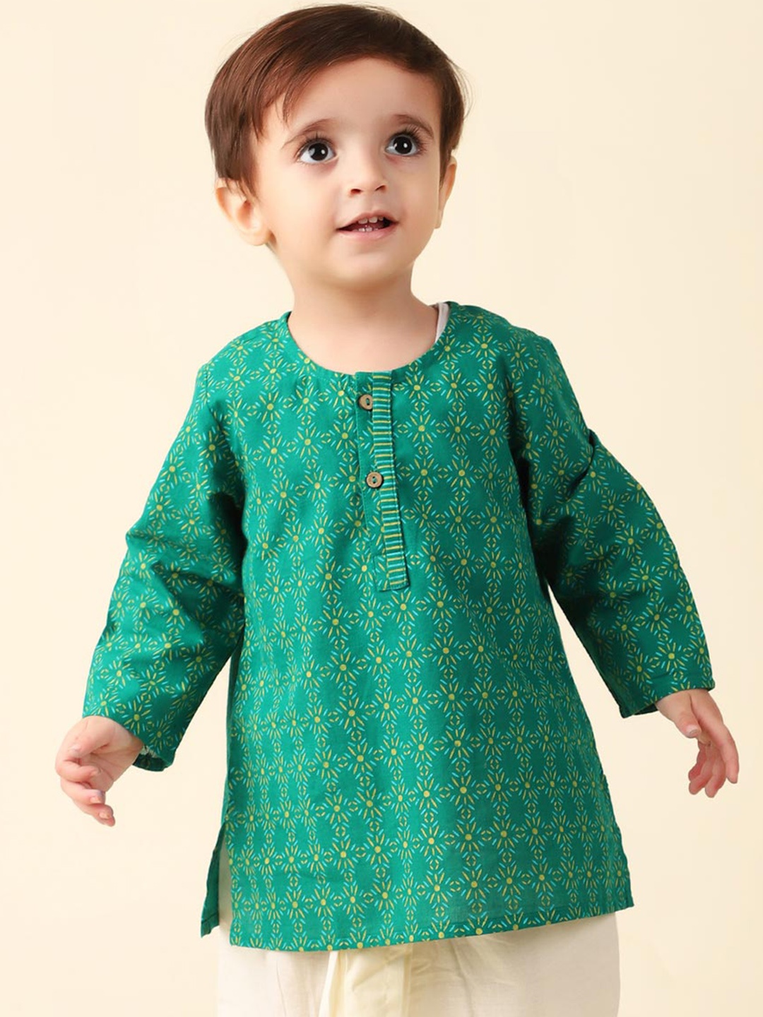 

Fabindia Boys Hand Block Printed Regular Pure Cotton Kurta with Dhoti Pants, Green