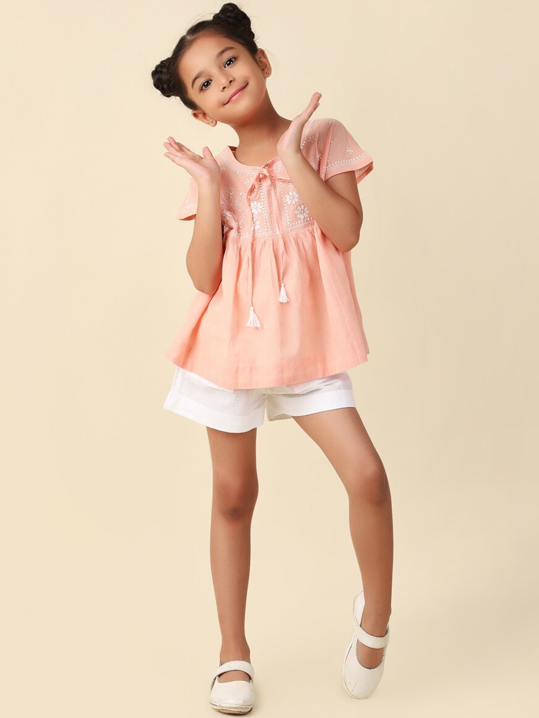 

Fabindia Girls Embroidered Chikankari Pure Cotton Top with Shorts, Orange