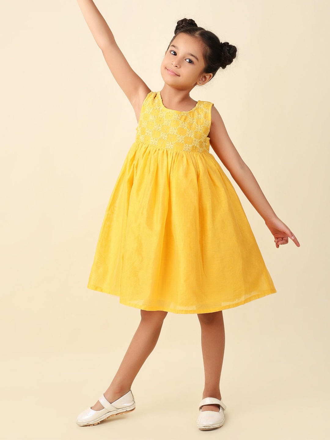 

Fabindia Girls Floral Embroidered Sleeveless Chikankari Fit & Flare Dress, Yellow