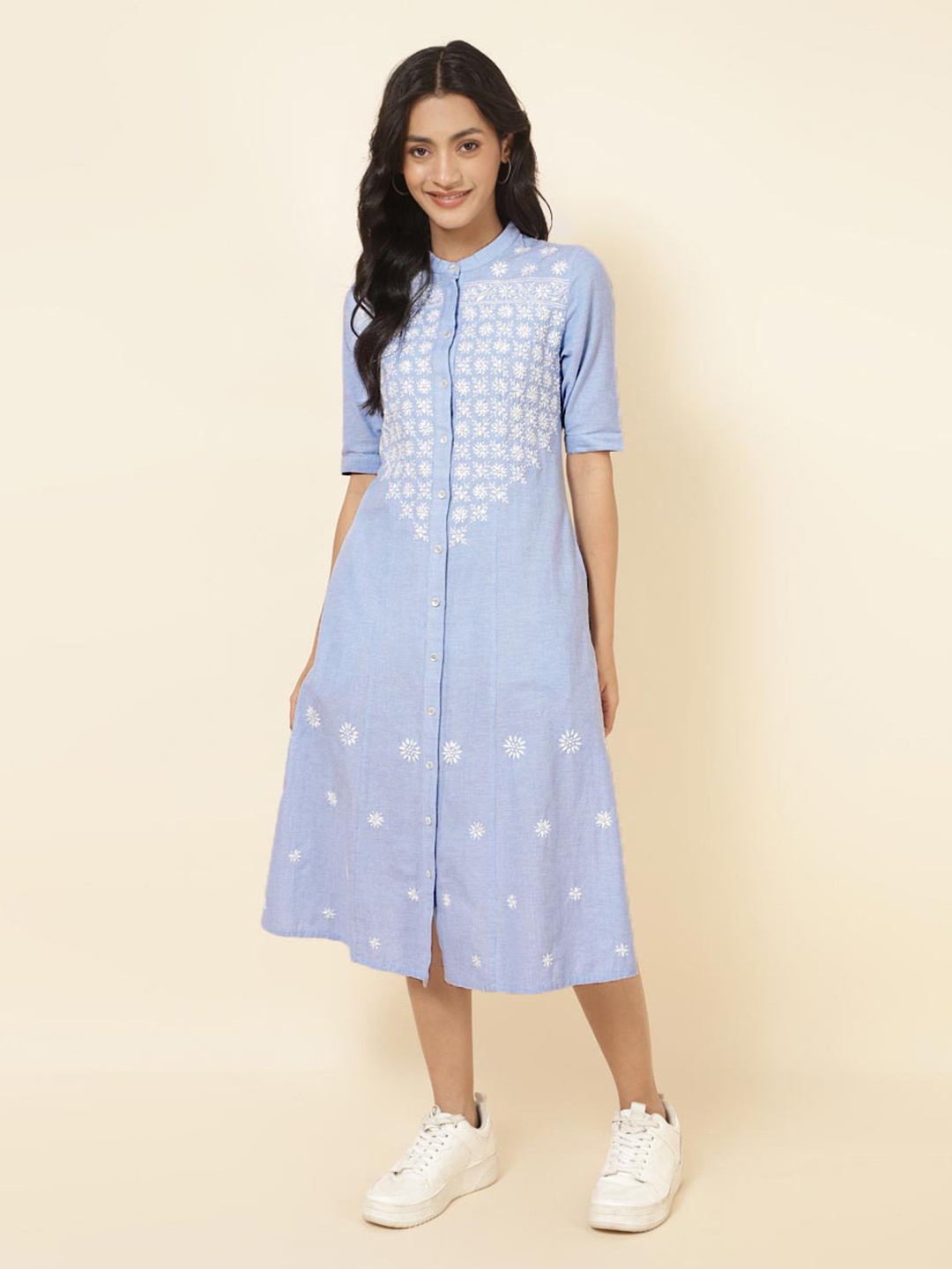 

Fabindia Floral Embroidered Cotton Chikankari A-Line Midi Dress, Blue