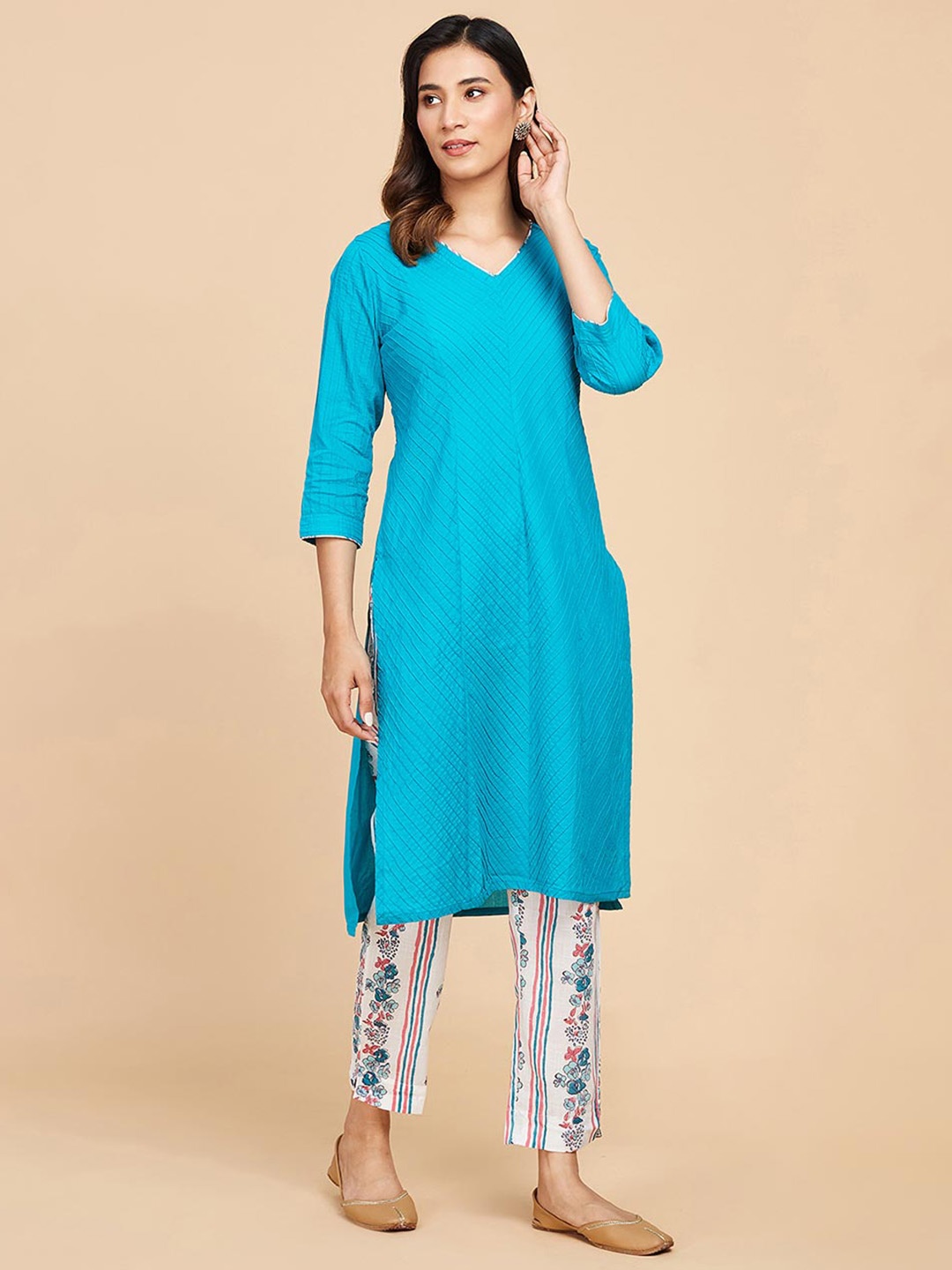 

Fabindia Floral Regular Pure Cotton Hand Block Printed Kurta with Trousers, Turquoise blue