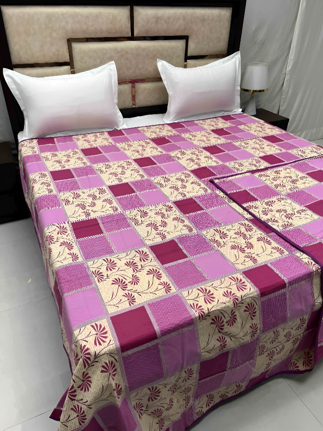 Pure Decor Pink & Beige Floral Printed 300 TC Pure Cotton Super King Duvet Cover