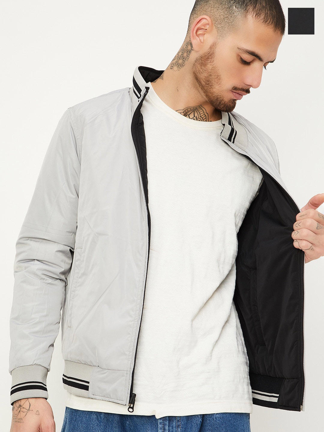 

max Mock Collar Reversible Bomber Jacket, Black