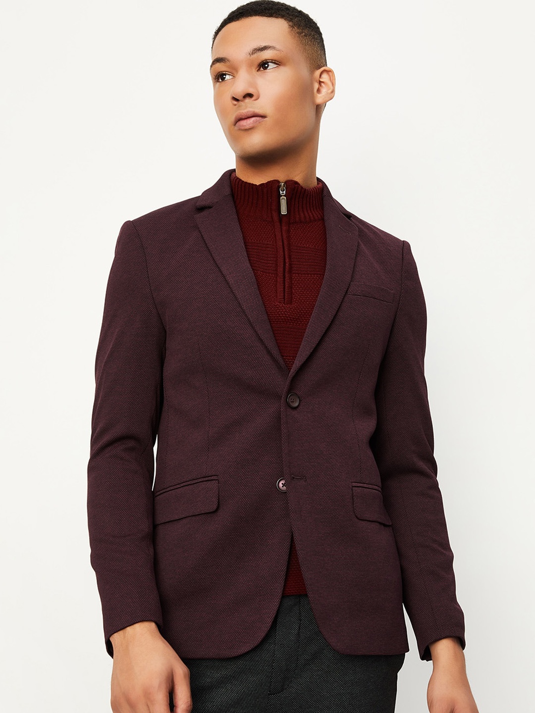 

max Notched Lapel Collar Single Breasted Blazer, Maroon