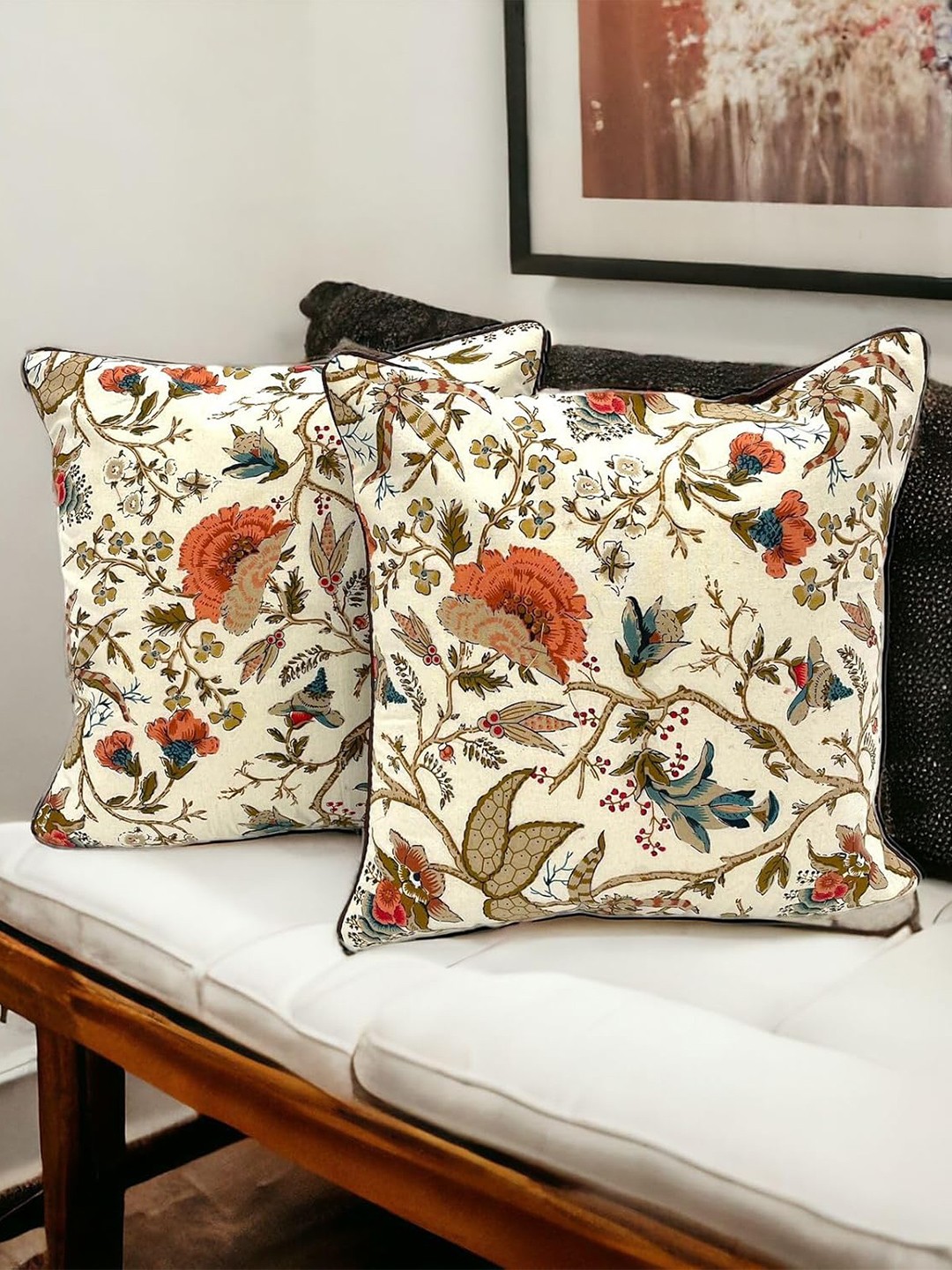 

CASA-NEST Beige & Green Floral Printed Cotton Square Cushion Covers