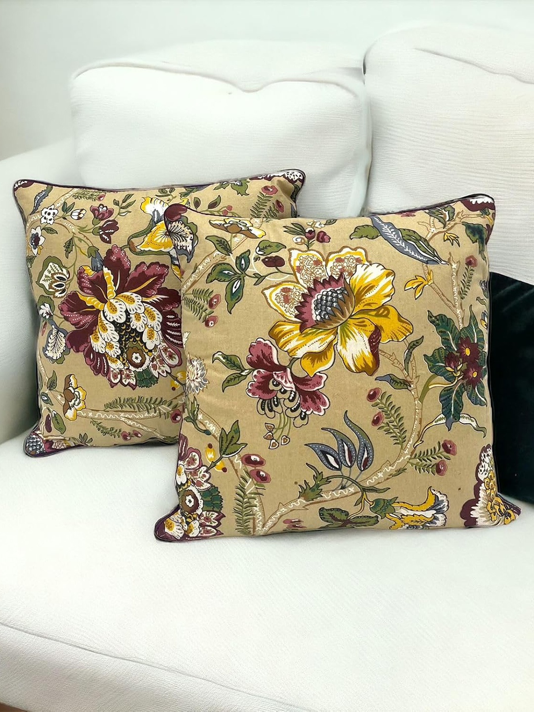 

CASA-NEST Beige & Green Floral Printed Cotton Square Cushion Covers