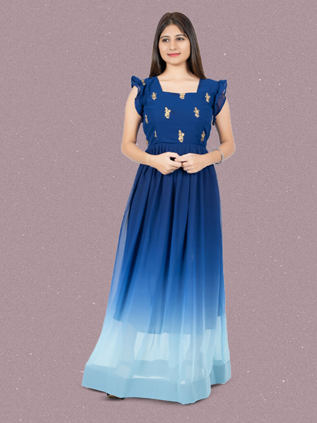 

N N ENTERPRISE Tie and Dye Printed Georgette Fit & Flare Maxi Dress, Blue