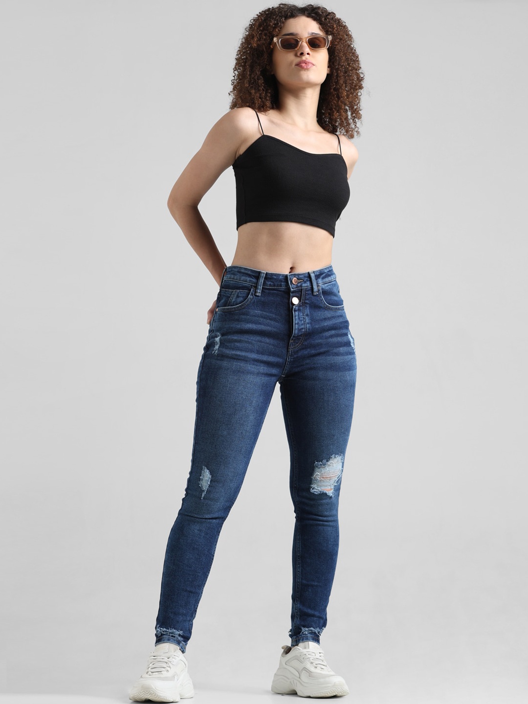 

ONLY Women Skinny Fit High-Rise Mildly Distressed Light Fade Stretchable Jeans, Blue