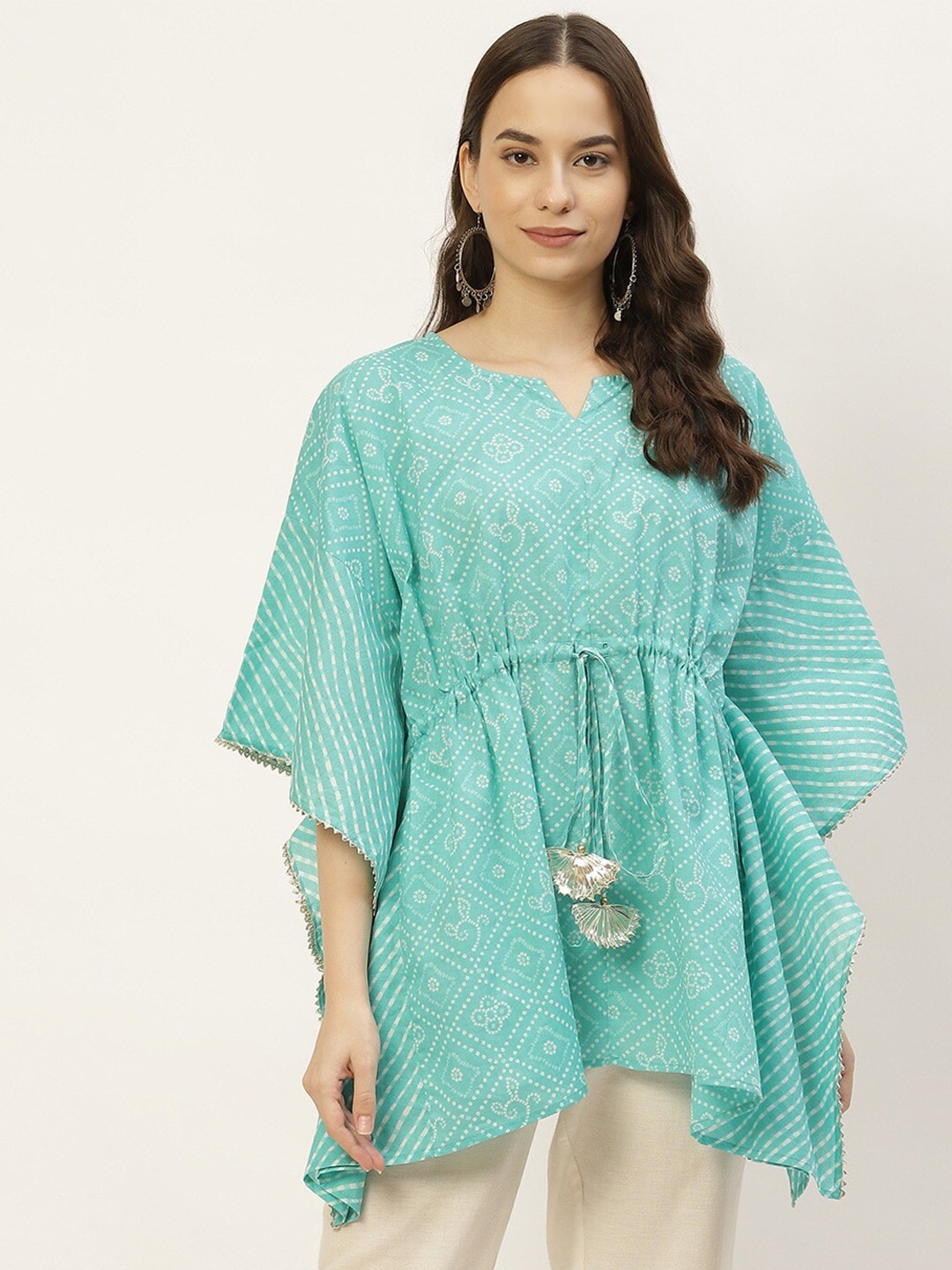 

FABRIC FITOOR Bandhani Printed Flared Sleeve Cotton Kaftan Top, Blue