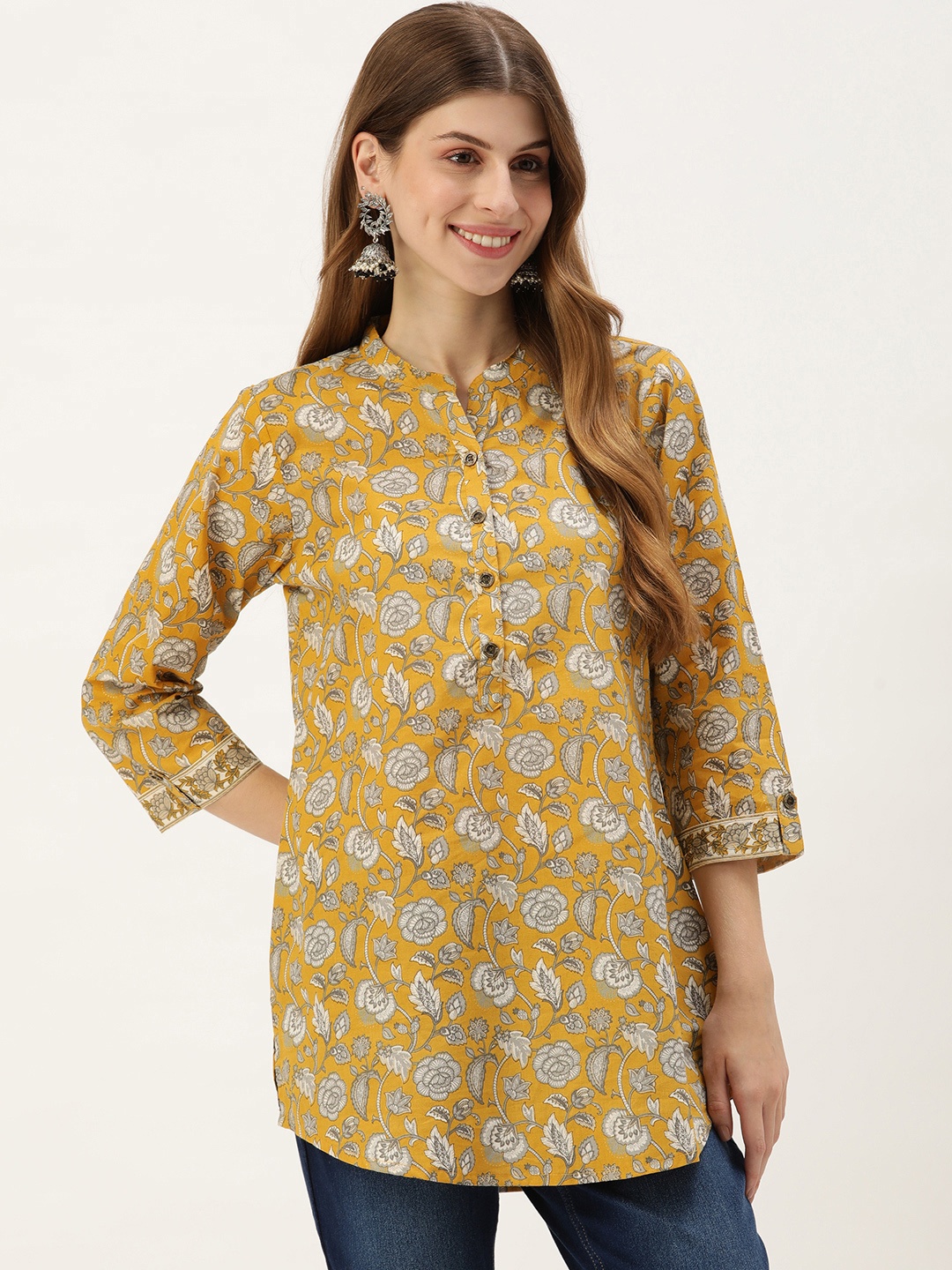

AMUKTI Floral Printed Mandarin Collar Tunic, Yellow