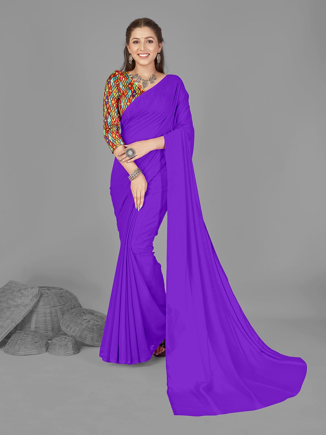 

ANAND SAREES Solid Poly Georgette Saree, Purple