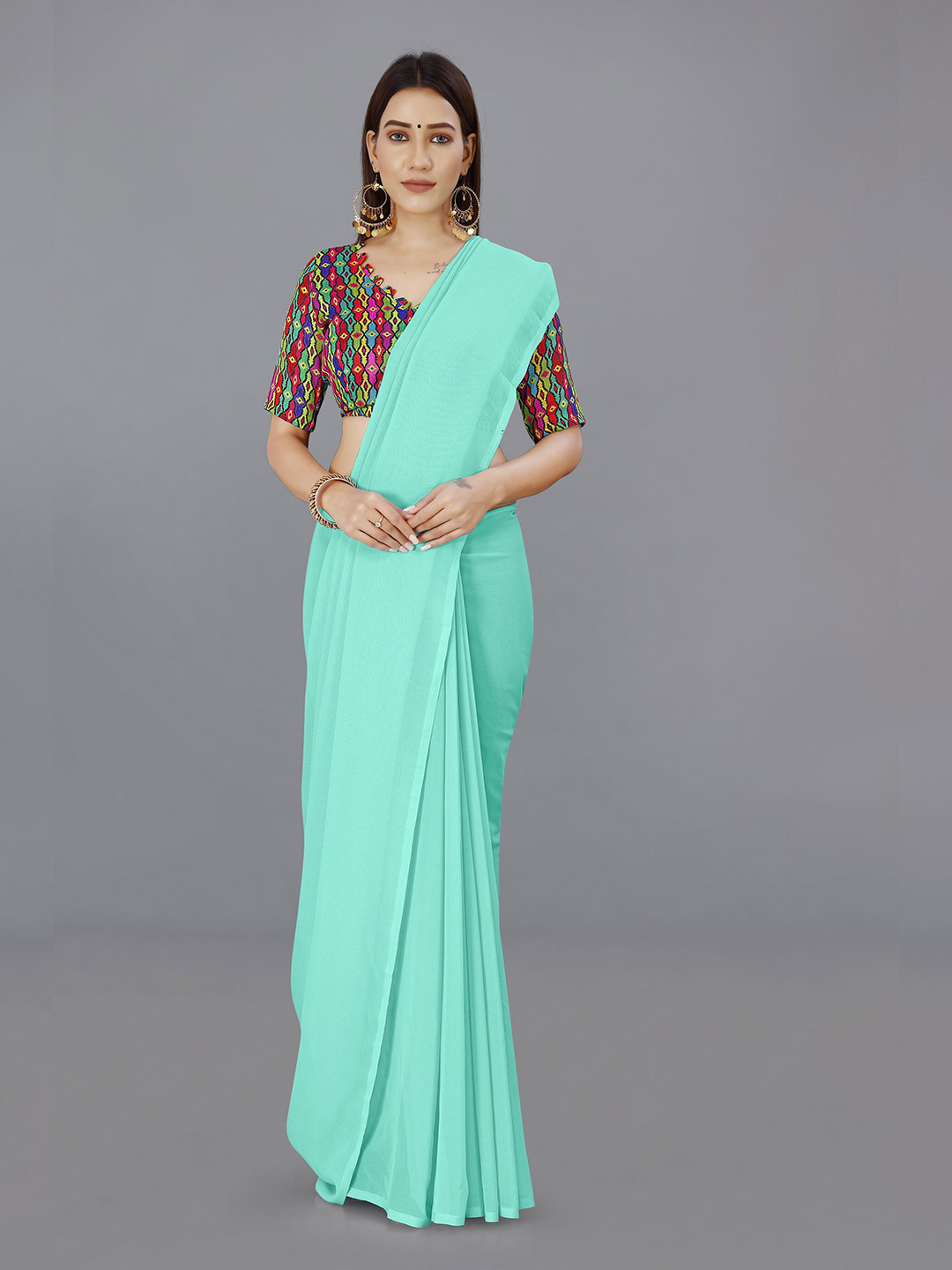 

ANAND SAREES Solid Poly Georgette Saree, Blue