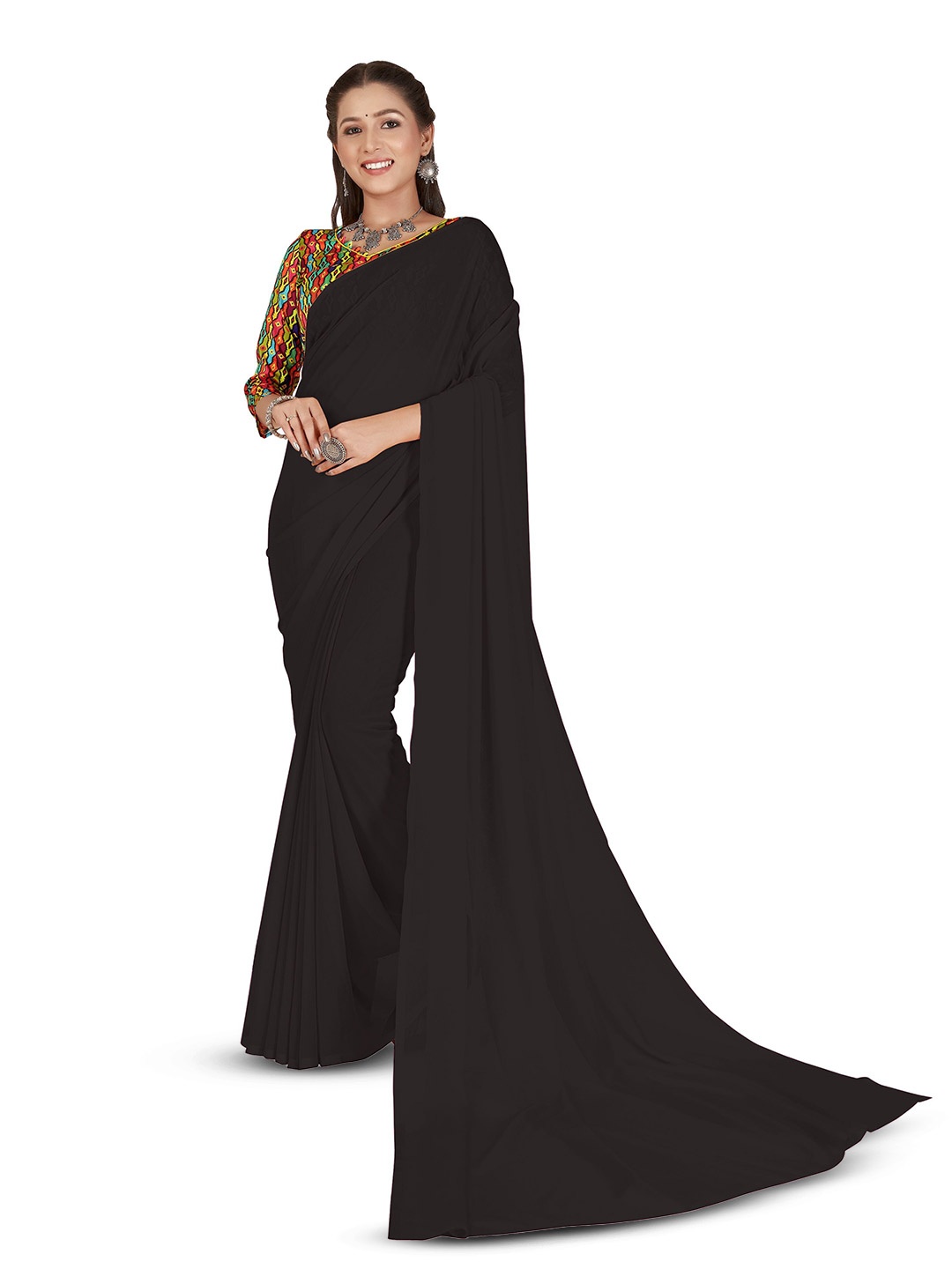 

ANAND SAREES Saree with Printed Blouse, Black