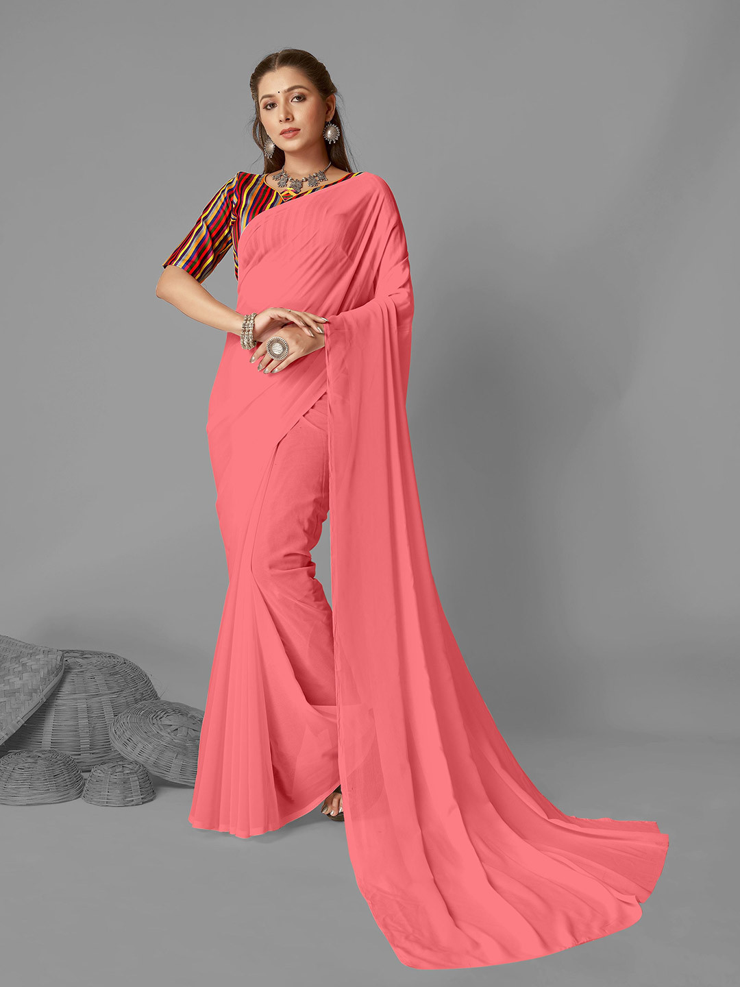 

ANAND SAREES Solid Saree, Pink