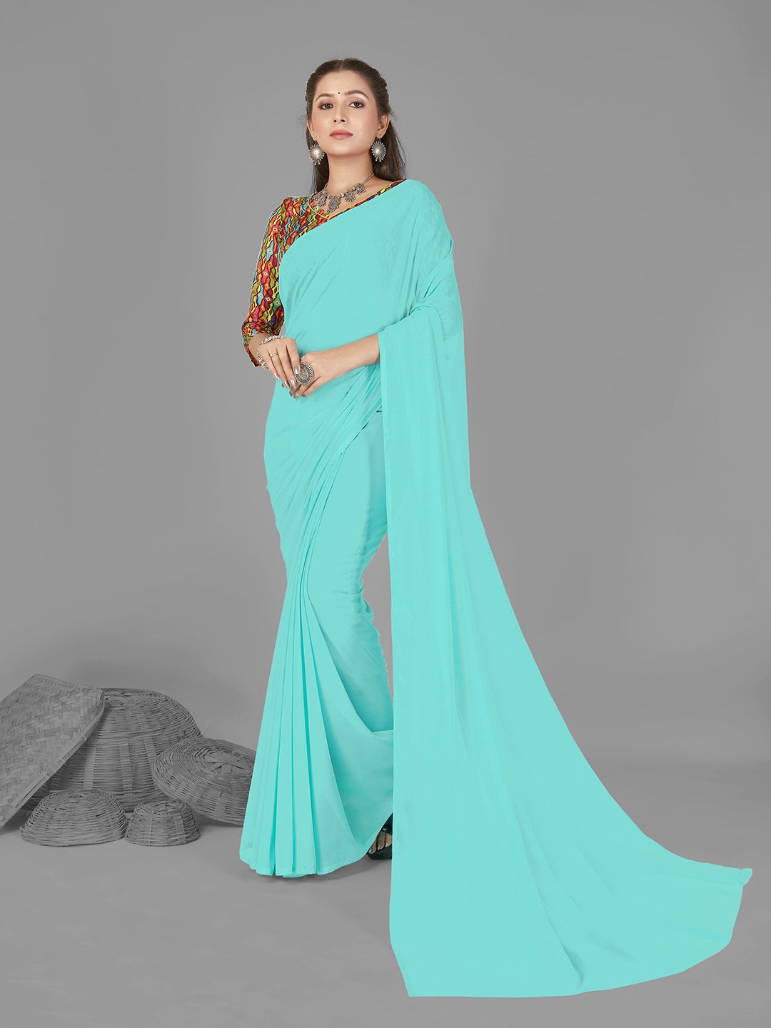

ANAND SAREES Solid Poly Georgette Saree, Turquoise blue