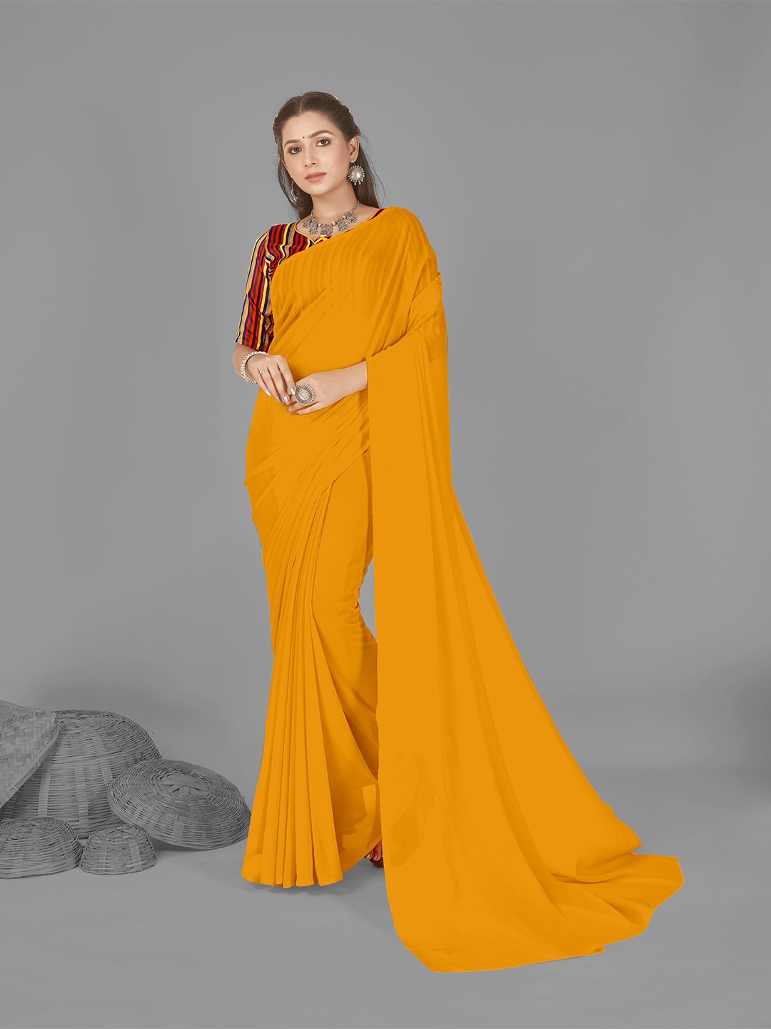 

ANAND SAREES Solid Poly Georgette Saree, Yellow