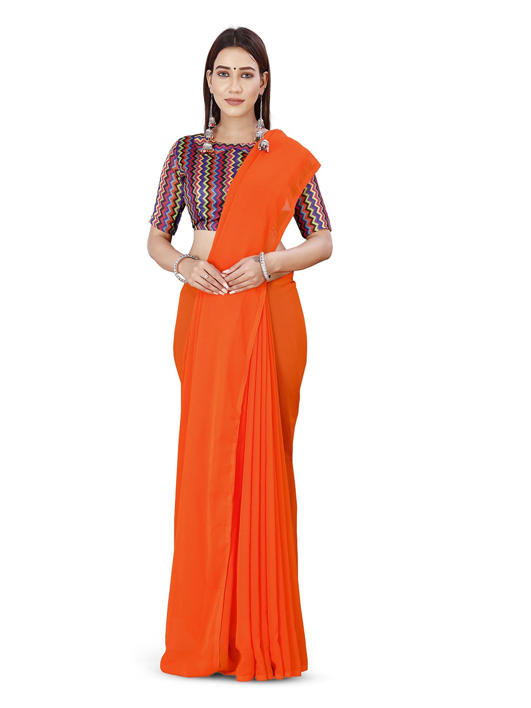 

ANAND SAREES Solid Poly Georgette Saree, Orange