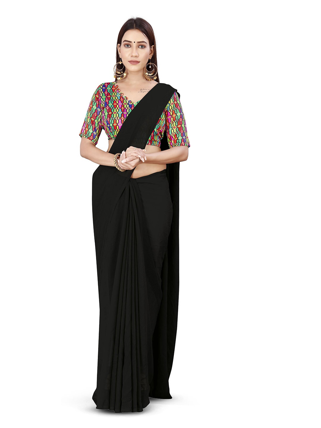 

ANAND SAREES Georgette Saree With Printed Blouse, Black