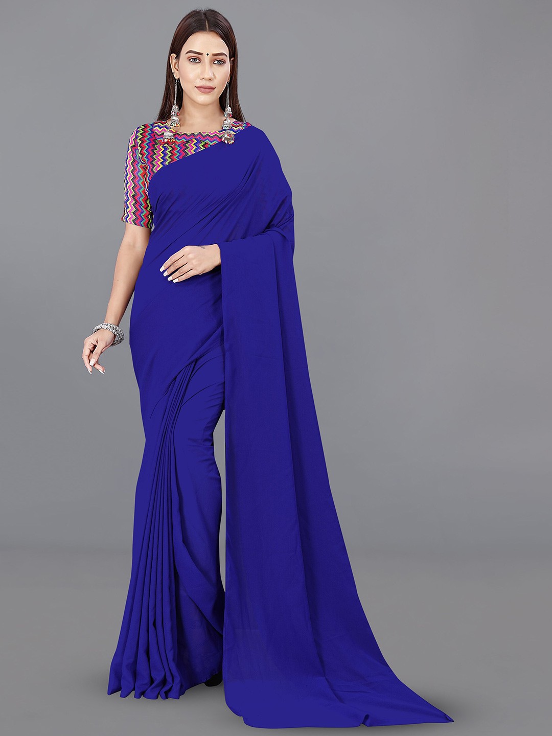 

ANAND SAREES Solid Poly Georgette Saree, Blue