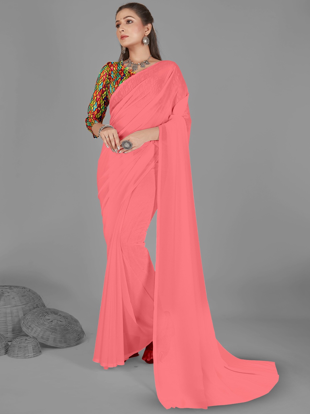 

ANAND SAREES Solid Poly Georgette Saree, Pink